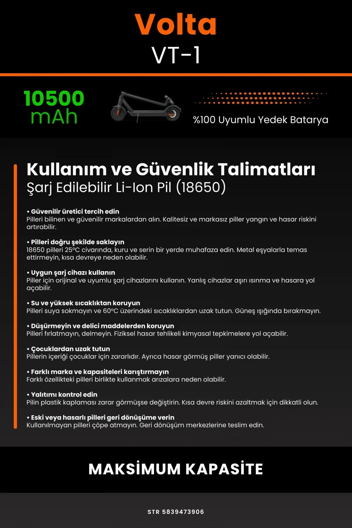 Volta VT-1 /36V 10500mAh Elektrikli Scooter Bataryası - Gerçek Kapasite, Maksimum Güvenlik