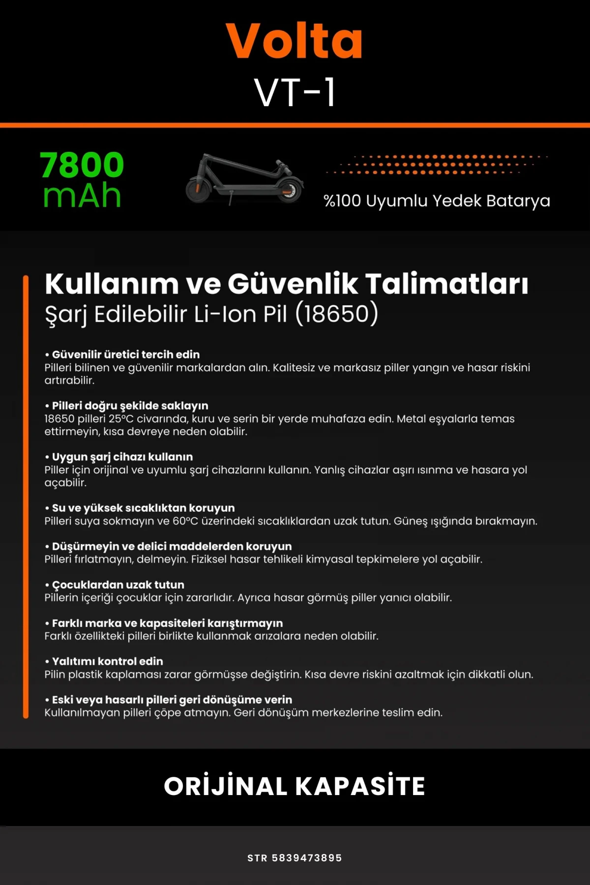 Volta VT-1 /36V 7800mAh Elektrikli Scooter Bataryası - Gerçek Kapasite, Maksimum Güvenlik