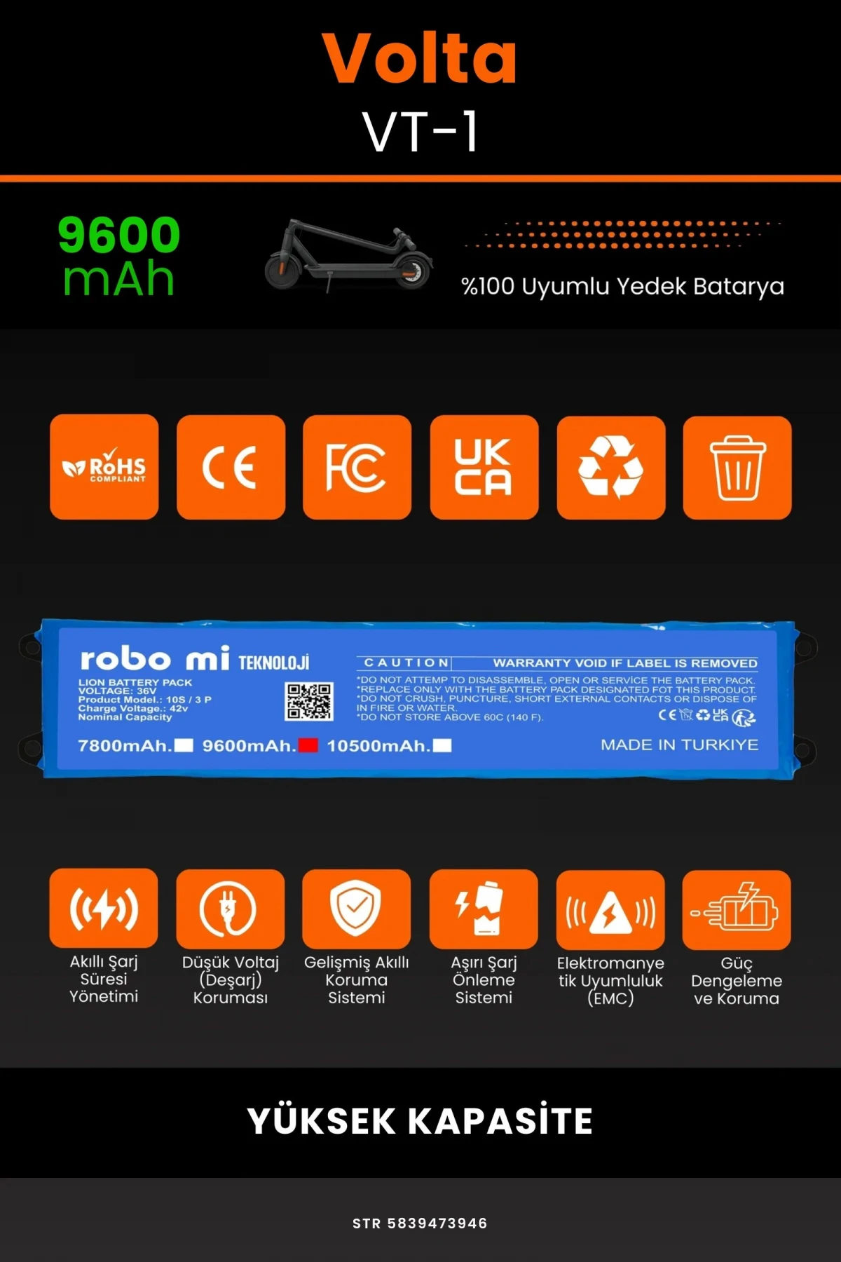 Volta VT-1 /36V 9600mAh Elektrikli Scooter Bataryası - Gerçek Kapasite, Maksimum Güvenlik