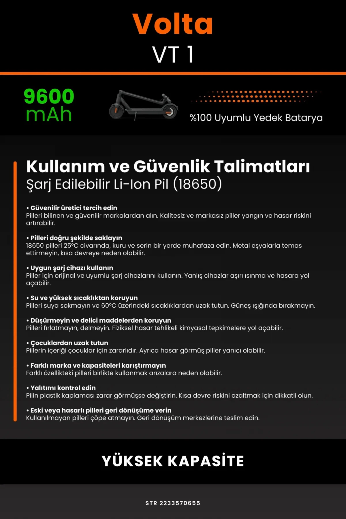Volta VT-1 /36V 9600mAh Elektrikli Scooter Bataryası - Gerçek Kapasite, Maksimum Güvenlik