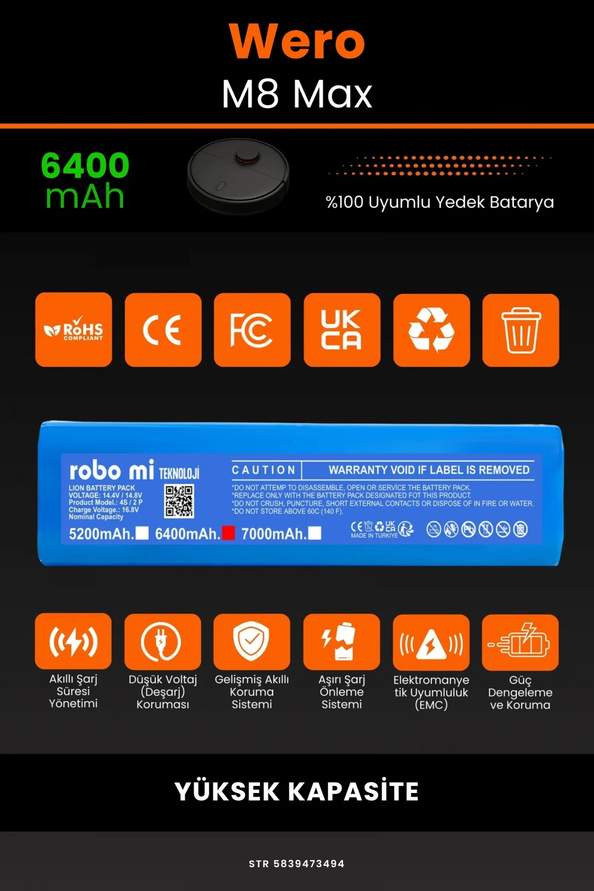 Wero M8 Max 6400mAh Robot Süpürge Bataryası - Gerçek Kapasite, Maksimum Güvenlik