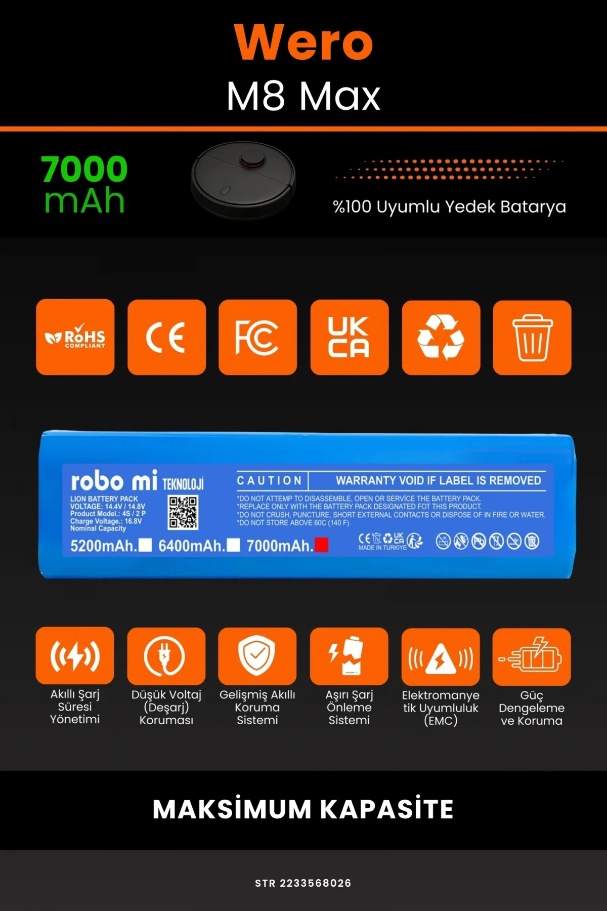 Wero M8 Max 7000mAh Robot Süpürge Bataryası - Gerçek Kapasite, Maksimum Güvenlik