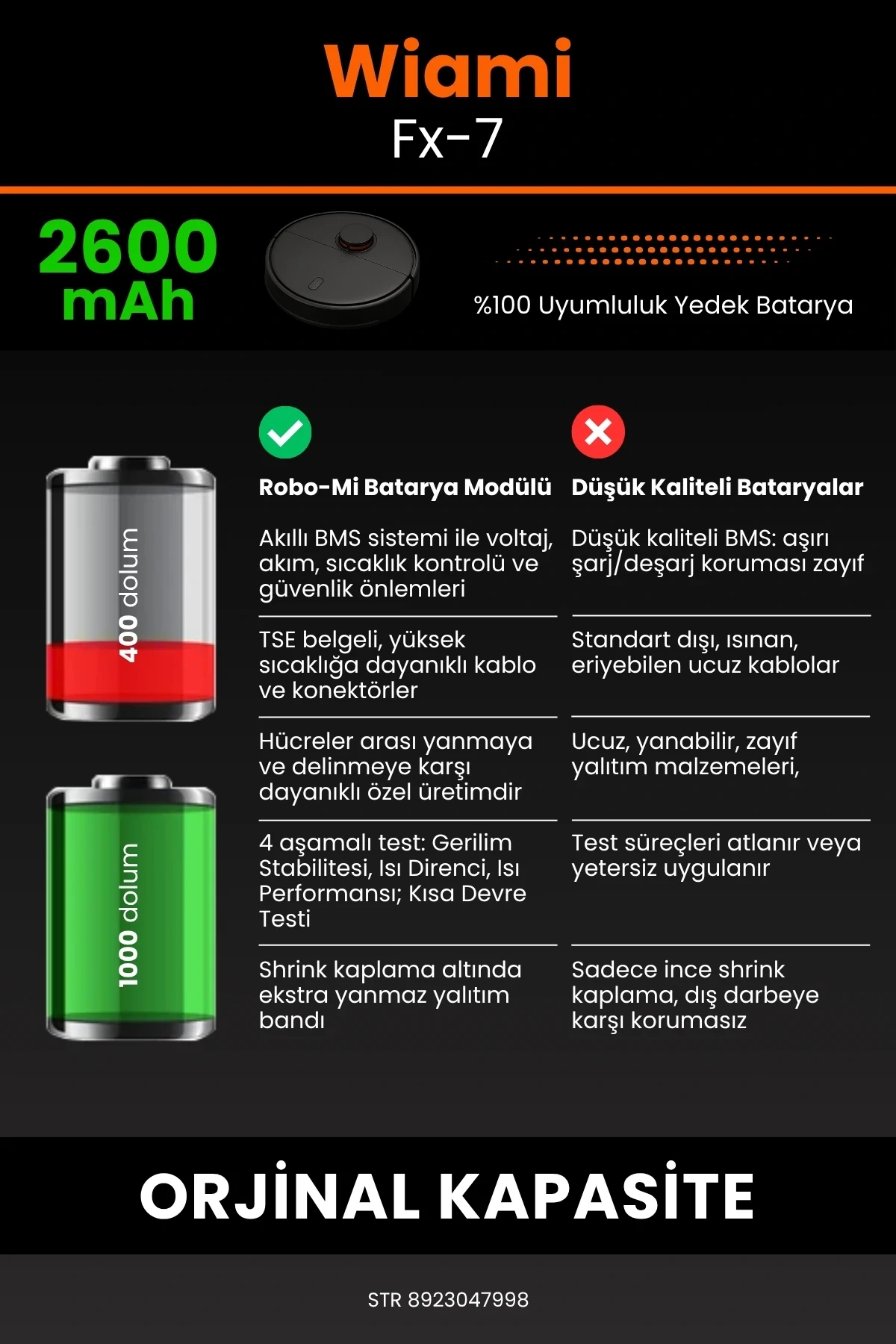 Wiami FX-7 2600mAh Robot Süpürge Bataryası - Gerçek Kapasite, Maksimum Güvenlik
