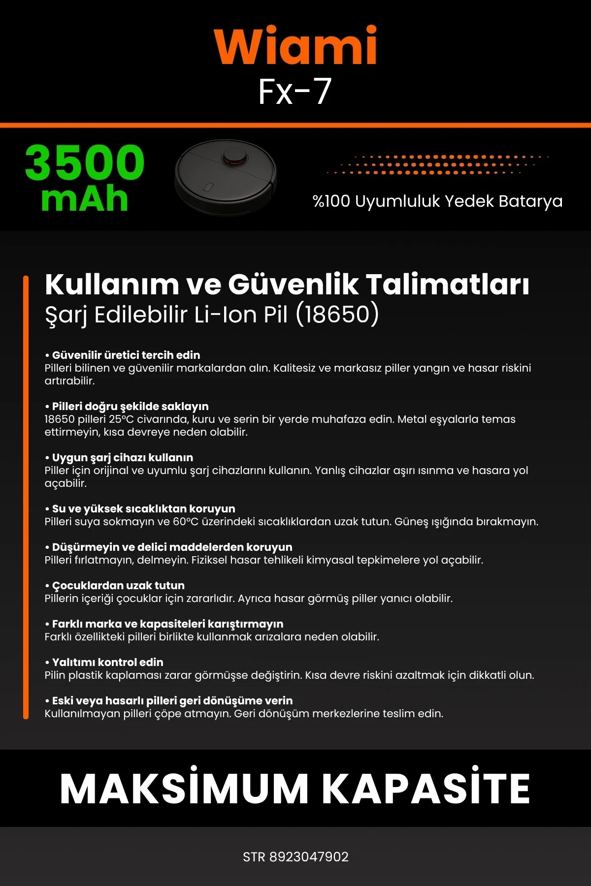 Wiami FX-7 3500mAh Robot Süpürge Bataryası - Gerçek Kapasite, Maksimum Güvenlik