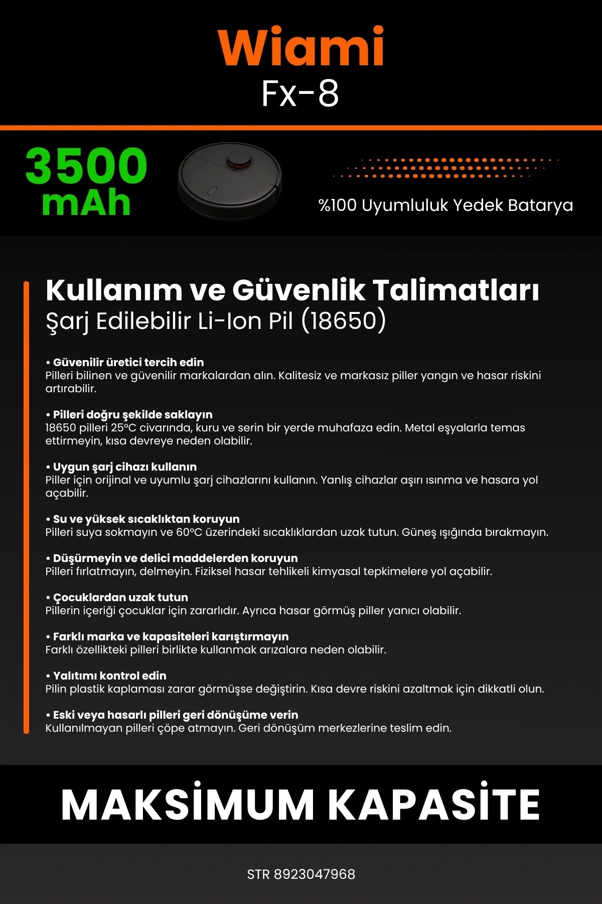 Wiami FX-8 3500mAh Robot Süpürge Bataryası - Gerçek Kapasite, Maksimum Güvenlik