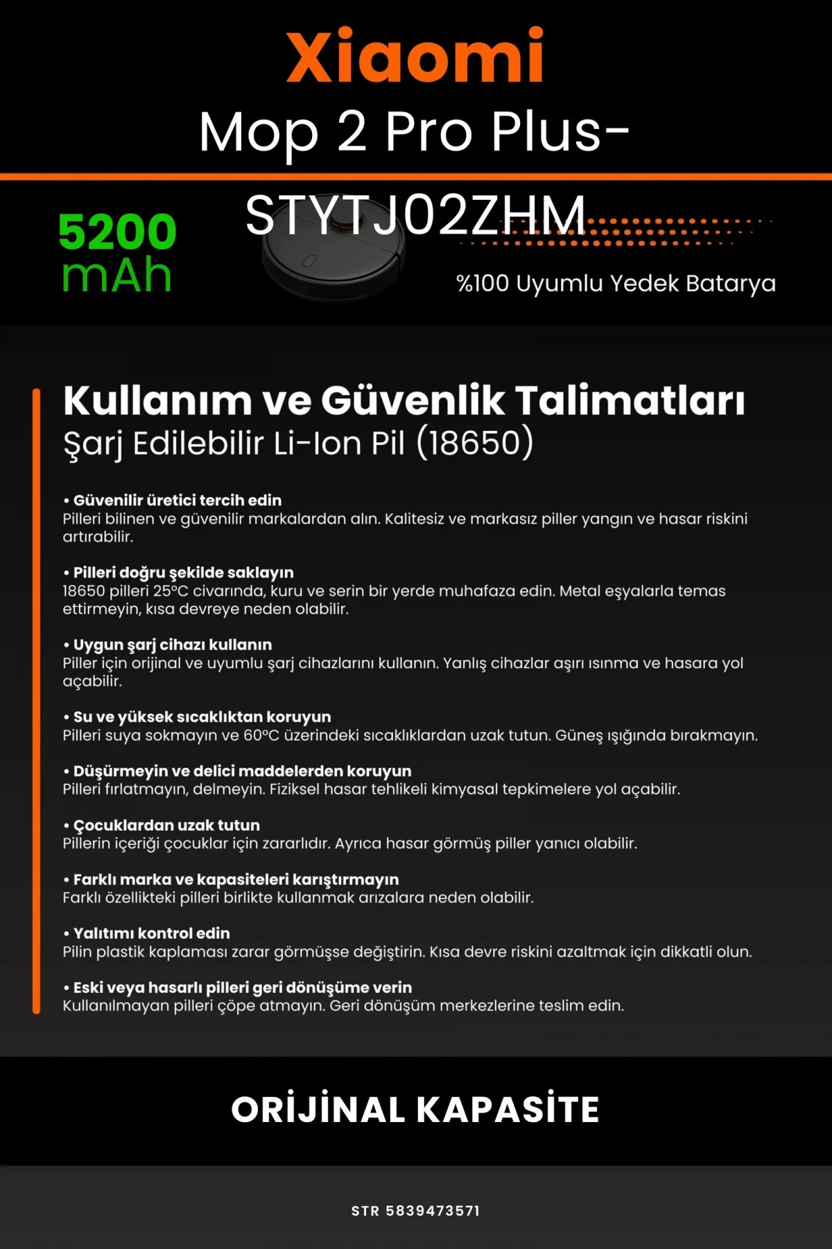 Xiaomi Mi Robot Vacuum Mop 2 Pro Plus (STYTJ02ZHM) 5200mAh Robot Süpürge Bataryası - Gerçek Kapasite, Maksimum Güvenlik