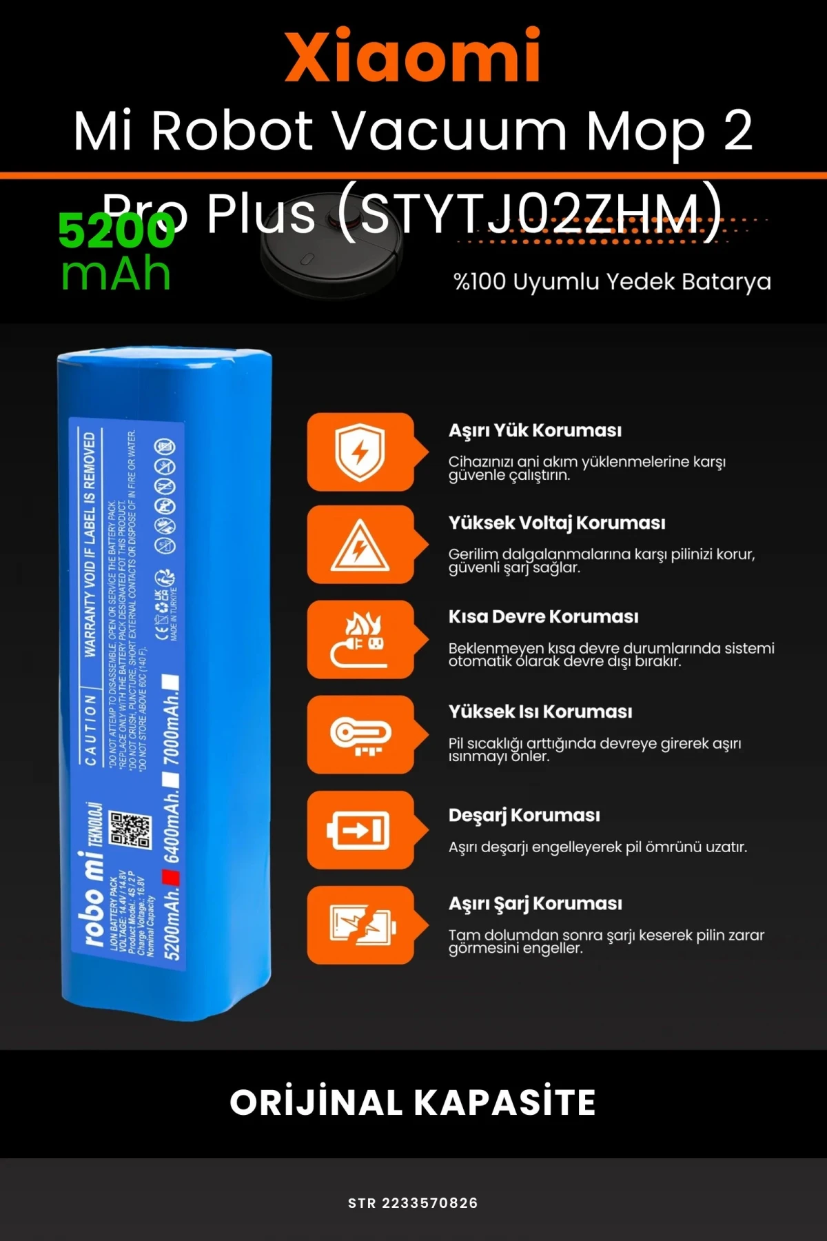 Xiaomi Mi Robot Vacuum Mop 2 Pro Plus (STYTJ02ZHM) 5200mAh Robot Süpürge Bataryası - Gerçek Kapasite, Maksimum Güvenlik