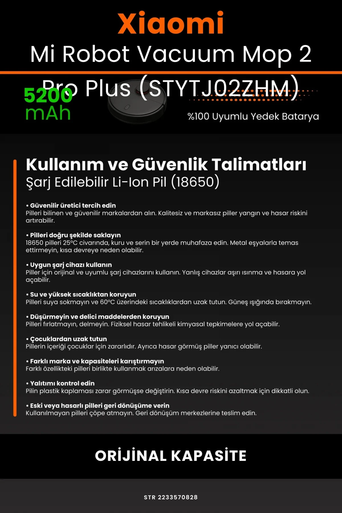 Xiaomi Mi Robot Vacuum Mop 2 Pro Plus (STYTJ02ZHM) 5200mAh Robot Süpürge Bataryası - Sertifikalı Güvenlik, Gerçek Kapasite