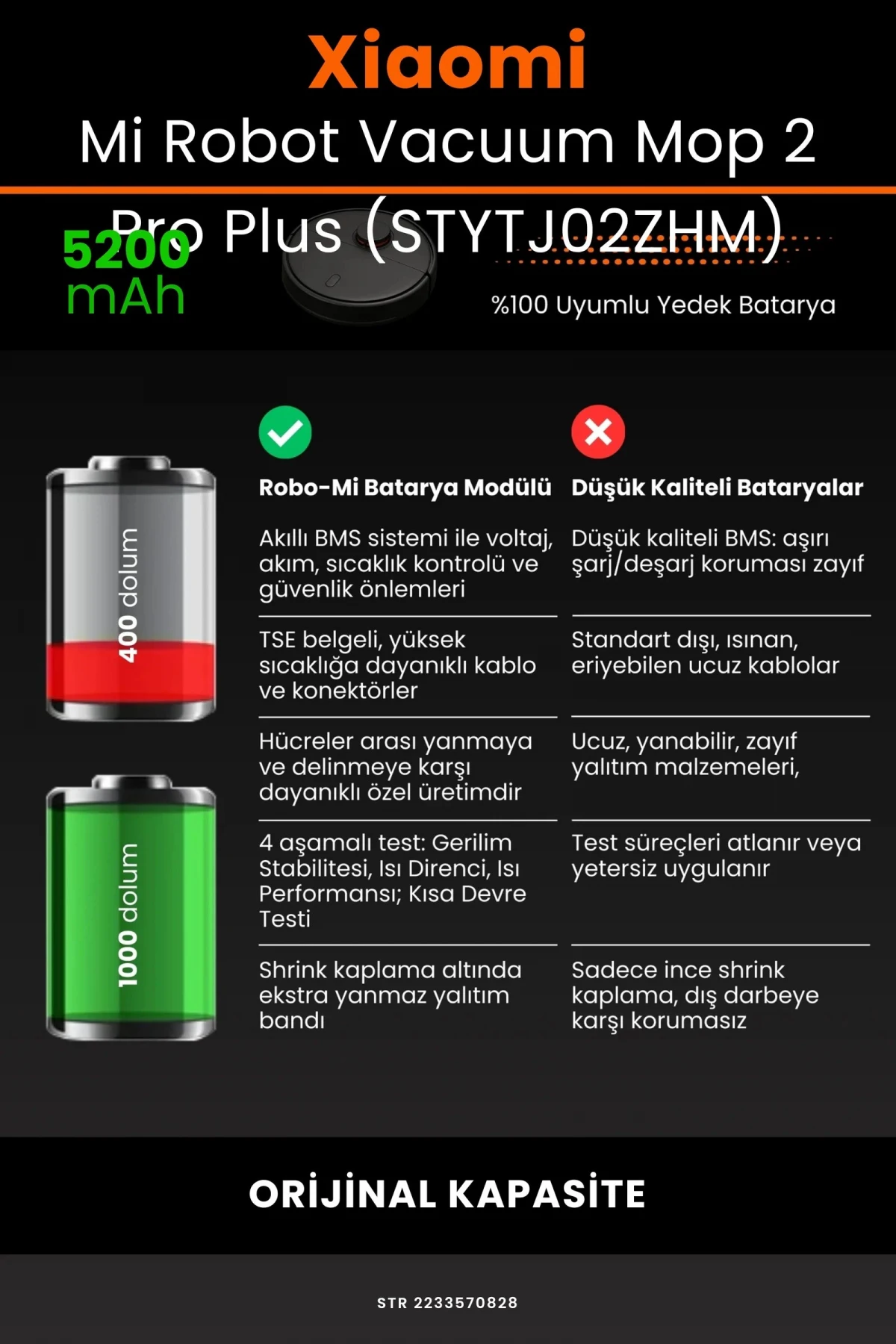 Xiaomi Mi Robot Vacuum Mop 2 Pro Plus (STYTJ02ZHM) 5200mAh Robot Süpürge Bataryası - Sertifikalı Güvenlik, Gerçek Kapasite