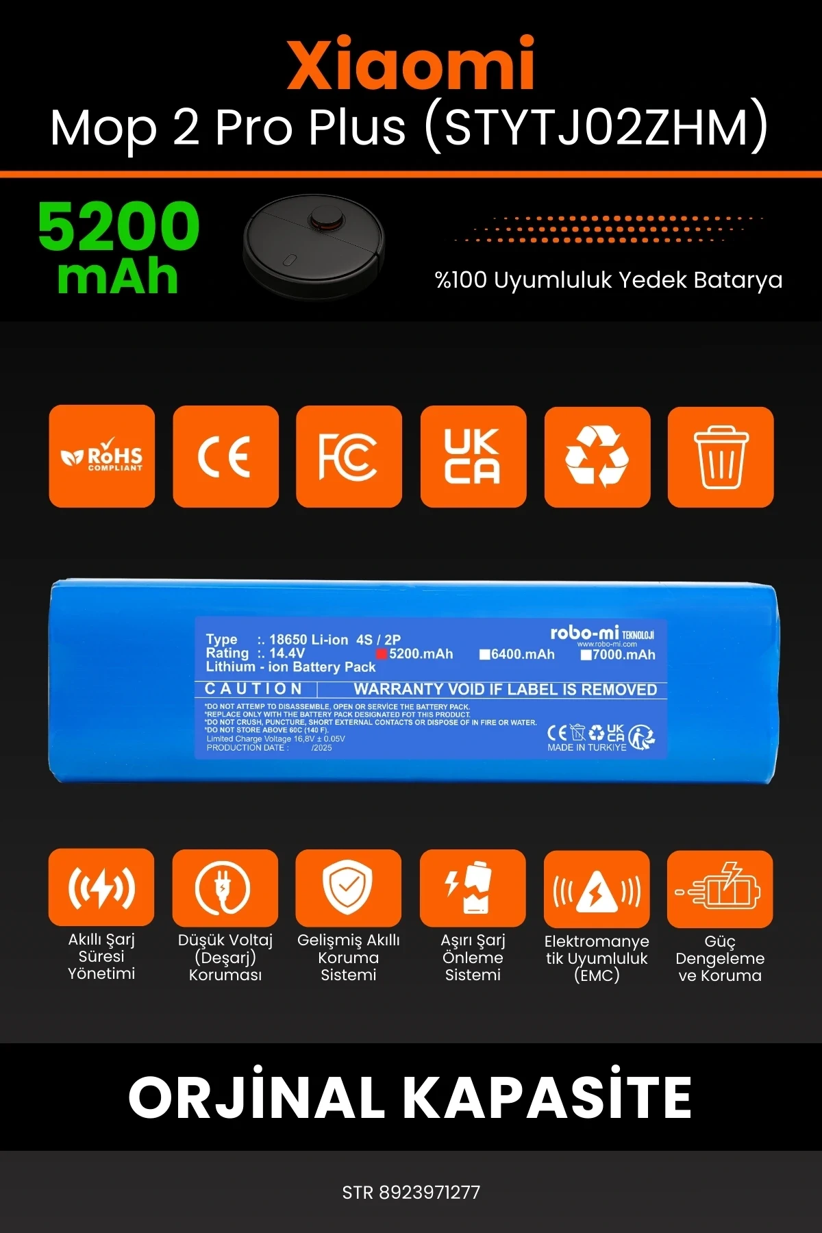 Xiaomi Mi Robot Vacuum Mop 2 Pro Plus (STYTJ02ZHM) 5200mAh Robot Süpürge Bataryası - Sertifikalı Güvenlik, Gerçek Kapasite