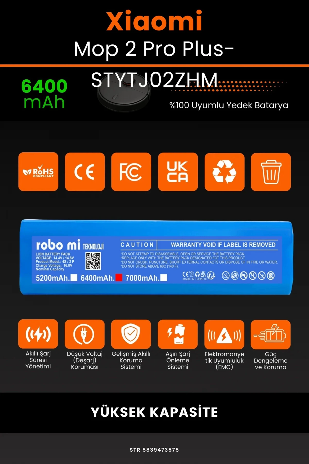 Xiaomi Mi Robot Vacuum Mop 2 Pro Plus (STYTJ02ZHM) 6400mAh Robot Süpürge Bataryası - Gerçek Kapasite, Maksimum Güvenlik