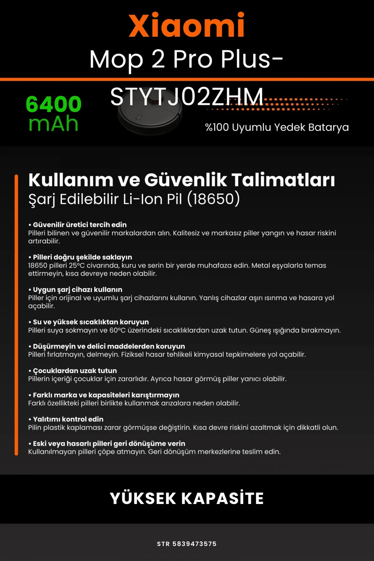 Xiaomi Mi Robot Vacuum Mop 2 Pro Plus (STYTJ02ZHM) 6400mAh Robot Süpürge Bataryası - Gerçek Kapasite, Maksimum Güvenlik