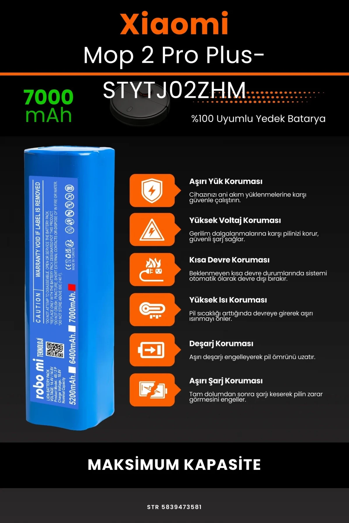 Xiaomi Mi Robot Vacuum Mop 2 Pro Plus (STYTJ02ZHM) 7000mAh Robot Süpürge Bataryası - Gerçek Kapasite, Maksimum Güvenlik