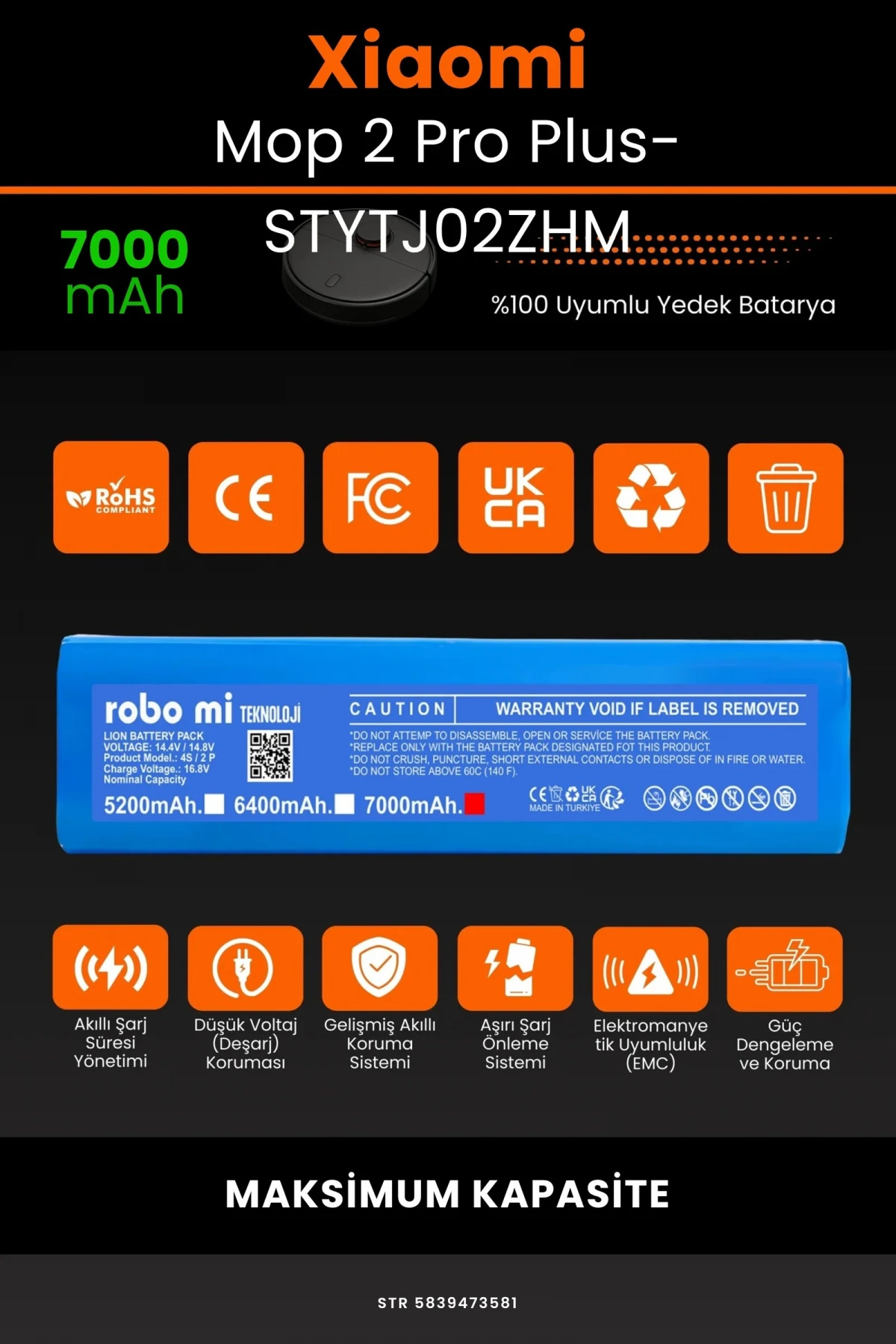 Xiaomi Mi Robot Vacuum Mop 2 Pro Plus (STYTJ02ZHM) 7000mAh Robot Süpürge Bataryası - Gerçek Kapasite, Maksimum Güvenlik