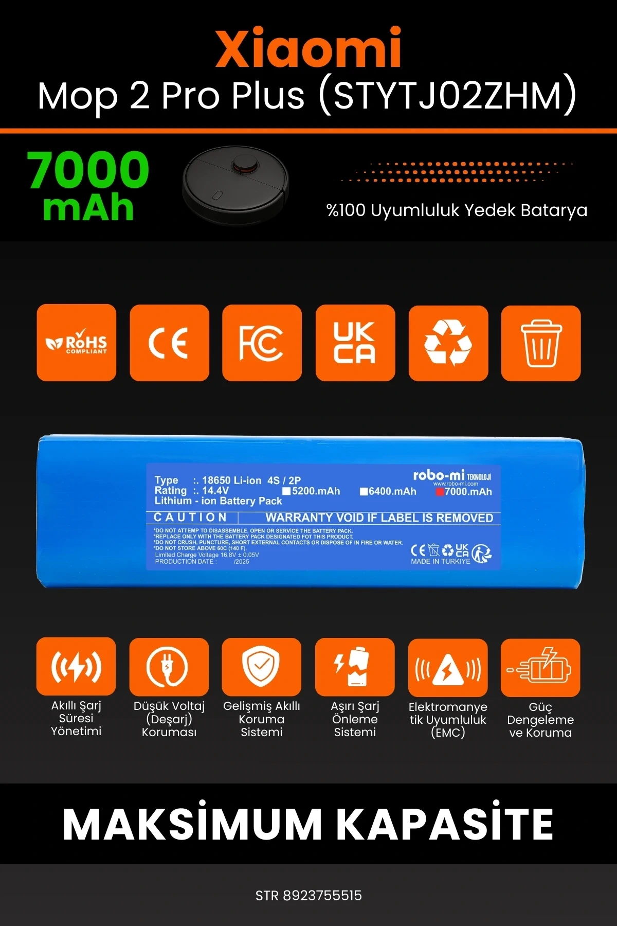 Xiaomi Mi Robot Vacuum Mop 2 Pro Plus (STYTJ02ZHM) 7000mAh Robot Süpürge Bataryası - Gerçek Kapasite, Maksimum Güvenlik