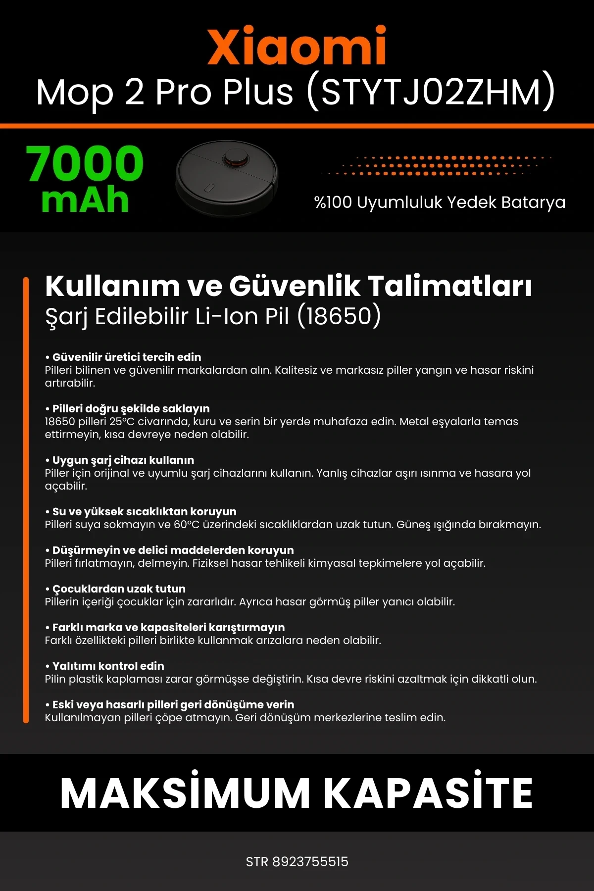 Xiaomi Mi Robot Vacuum Mop 2 Pro Plus (STYTJ02ZHM) 7000mAh Robot Süpürge Bataryası - Gerçek Kapasite, Maksimum Güvenlik