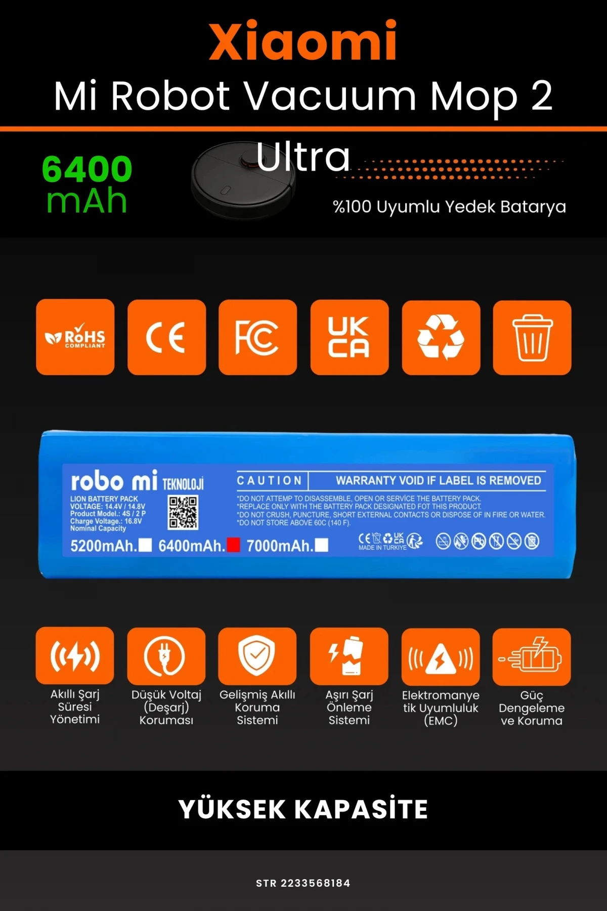 Xiaomi Mi Robot Vacuum Mop 2 Ultra 6400mAh Robot Süpürge Bataryası - Gerçek Kapasite, Maksimum