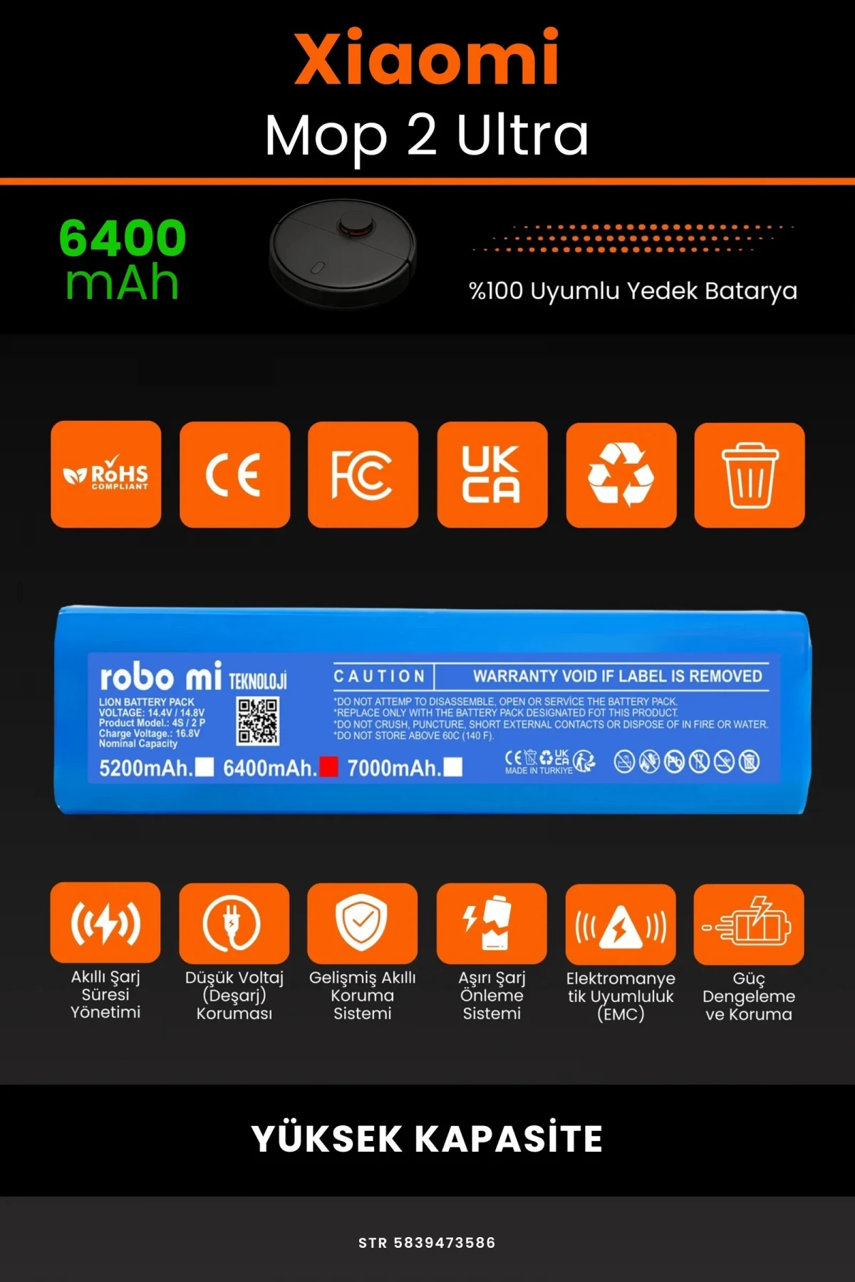 Xiaomi Mi Robot Vacuum Mop 2 Ultra 6400mAh Robot Süpürge Bataryası - Gerçek Kapasite, Maksimum