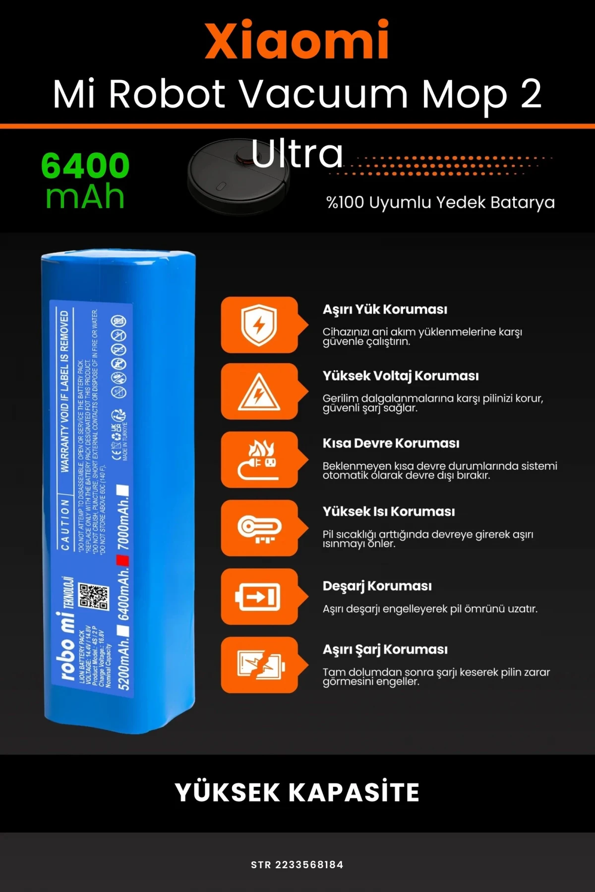 Xiaomi Mi Robot Vacuum Mop 2 Ultra 6400mAh Robot Süpürge Bataryası - Gerçek Kapasite, Maksimum