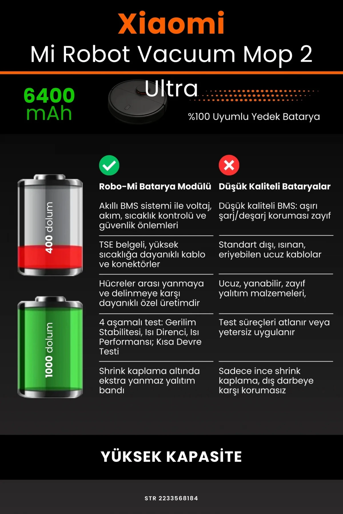 Xiaomi Mi Robot Vacuum Mop 2 Ultra 6400mAh Robot Süpürge Bataryası - Gerçek Kapasite, Maksimum