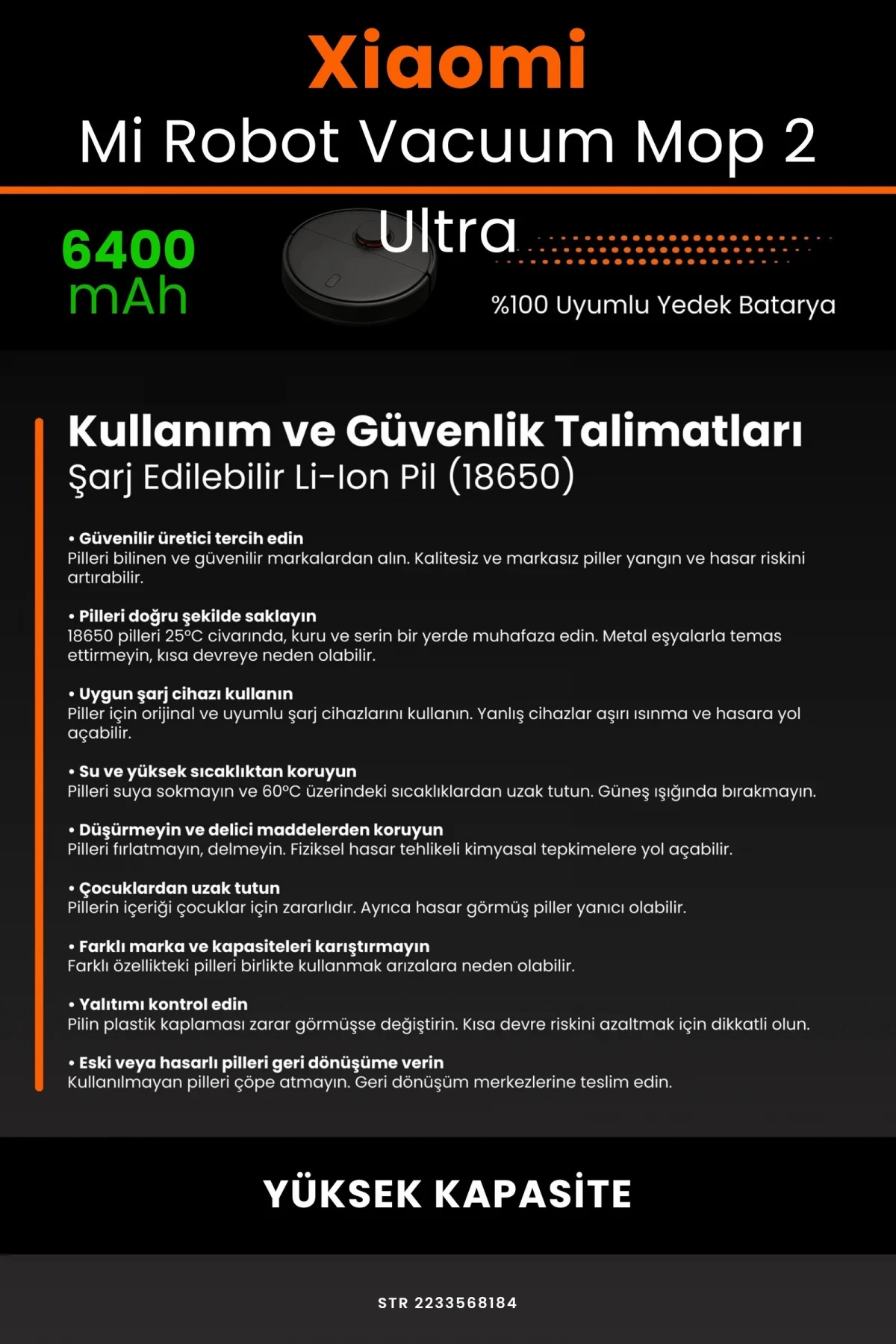 Xiaomi Mi Robot Vacuum Mop 2 Ultra 6400mAh Robot Süpürge Bataryası - Gerçek Kapasite, Maksimum