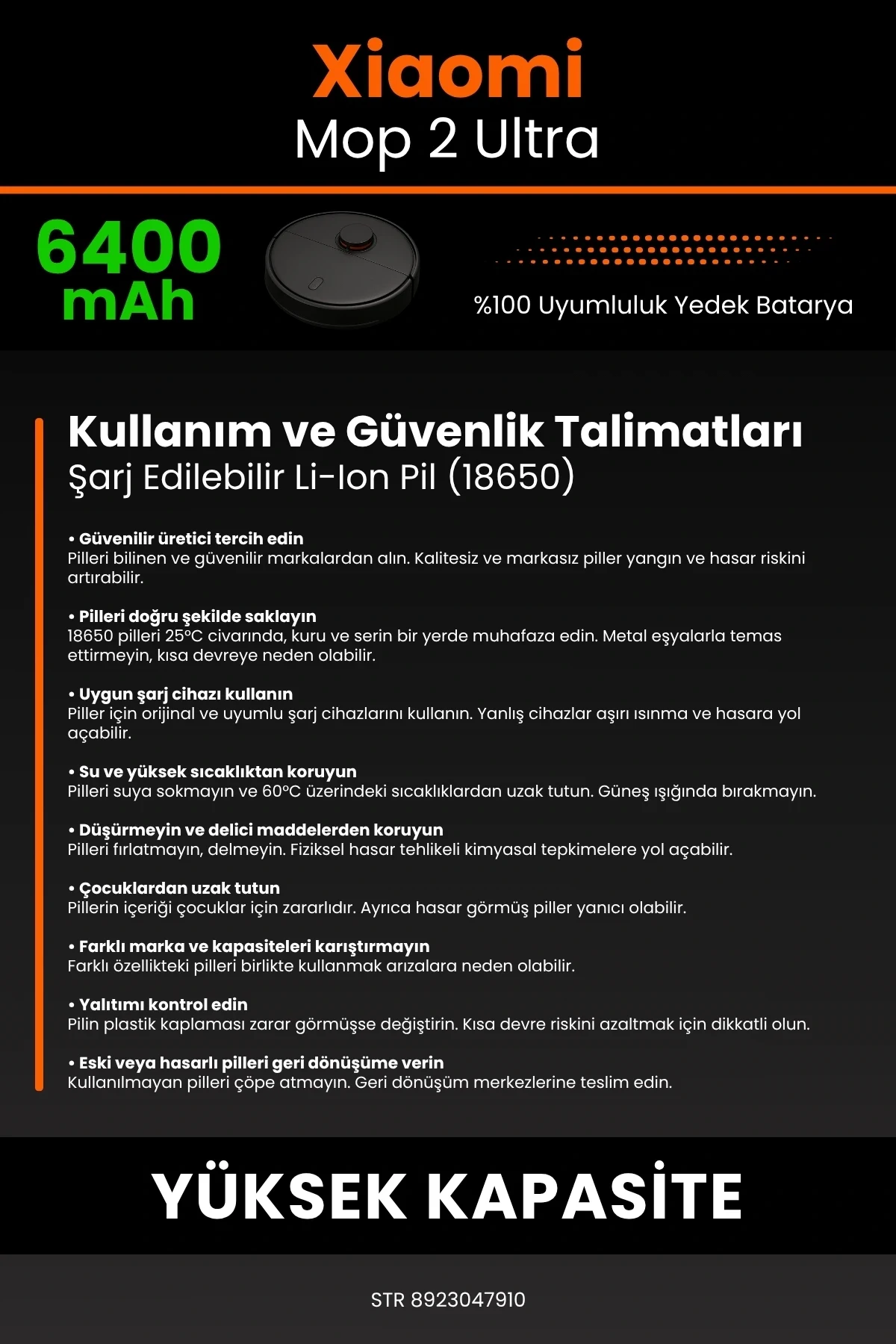 Xiaomi Mi Robot Vacuum Mop 2 Ultra 6400mAh Robot Süpürge Bataryası - Gerçek Kapasite, Maksimum