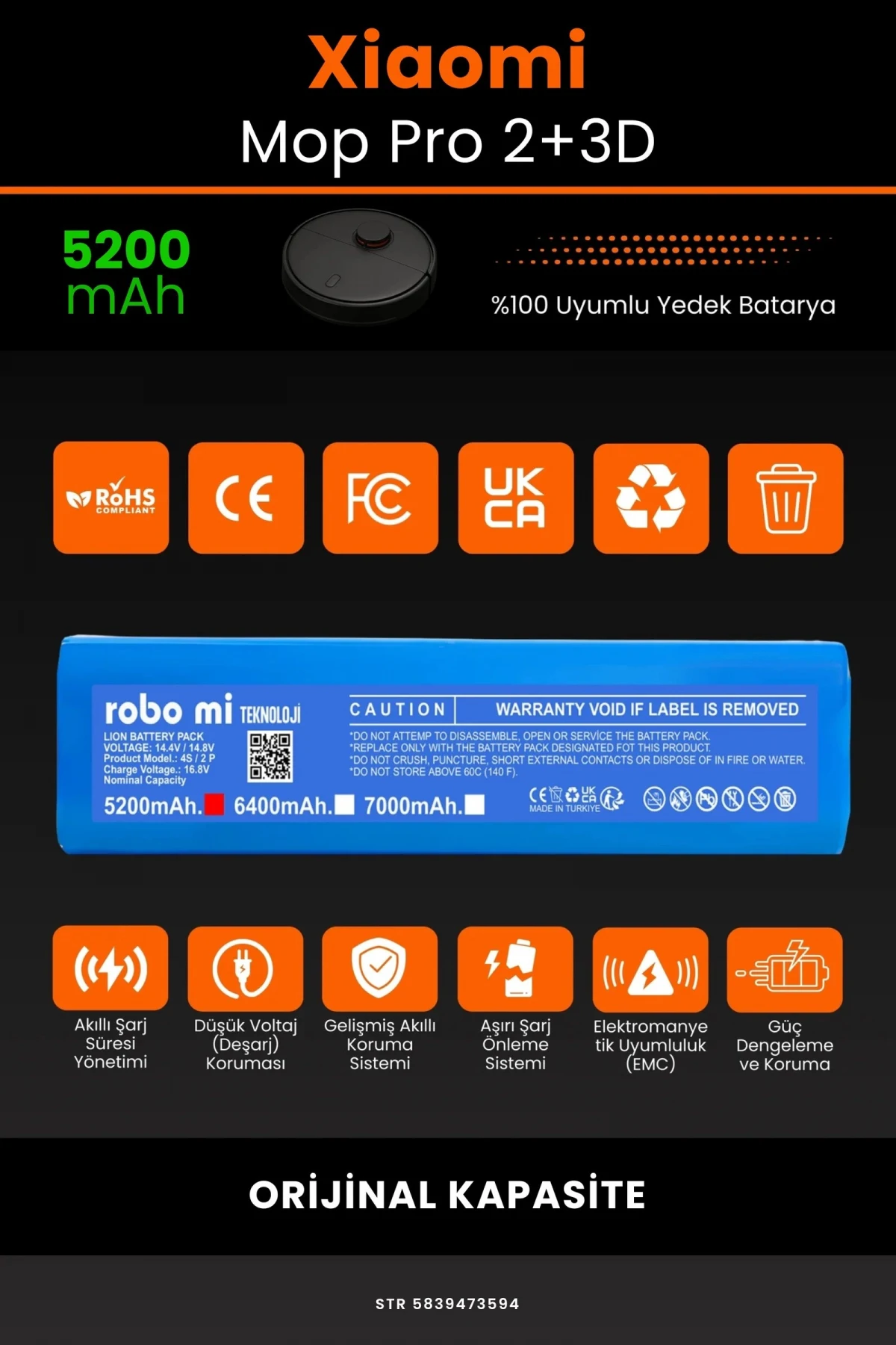 Xiaomi Mi Robot Vacuum Mop Pro 2+ 3D 5200mAh Robot Süpürge Bataryası - Gerçek Kapasite