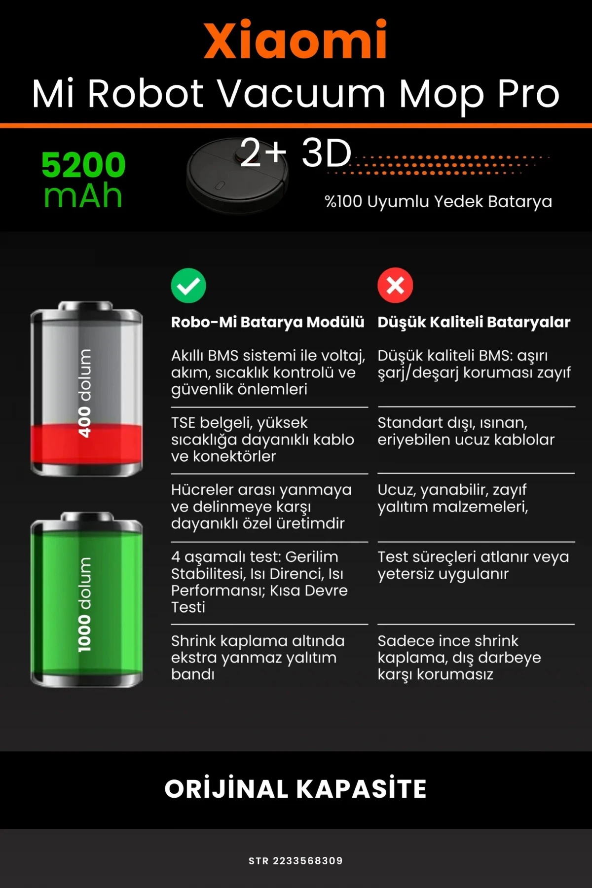 Xiaomi Mi Robot Vacuum Mop Pro 2+ 3D 5200mAh Robot Süpürge Bataryası - Gerçek Kapasite