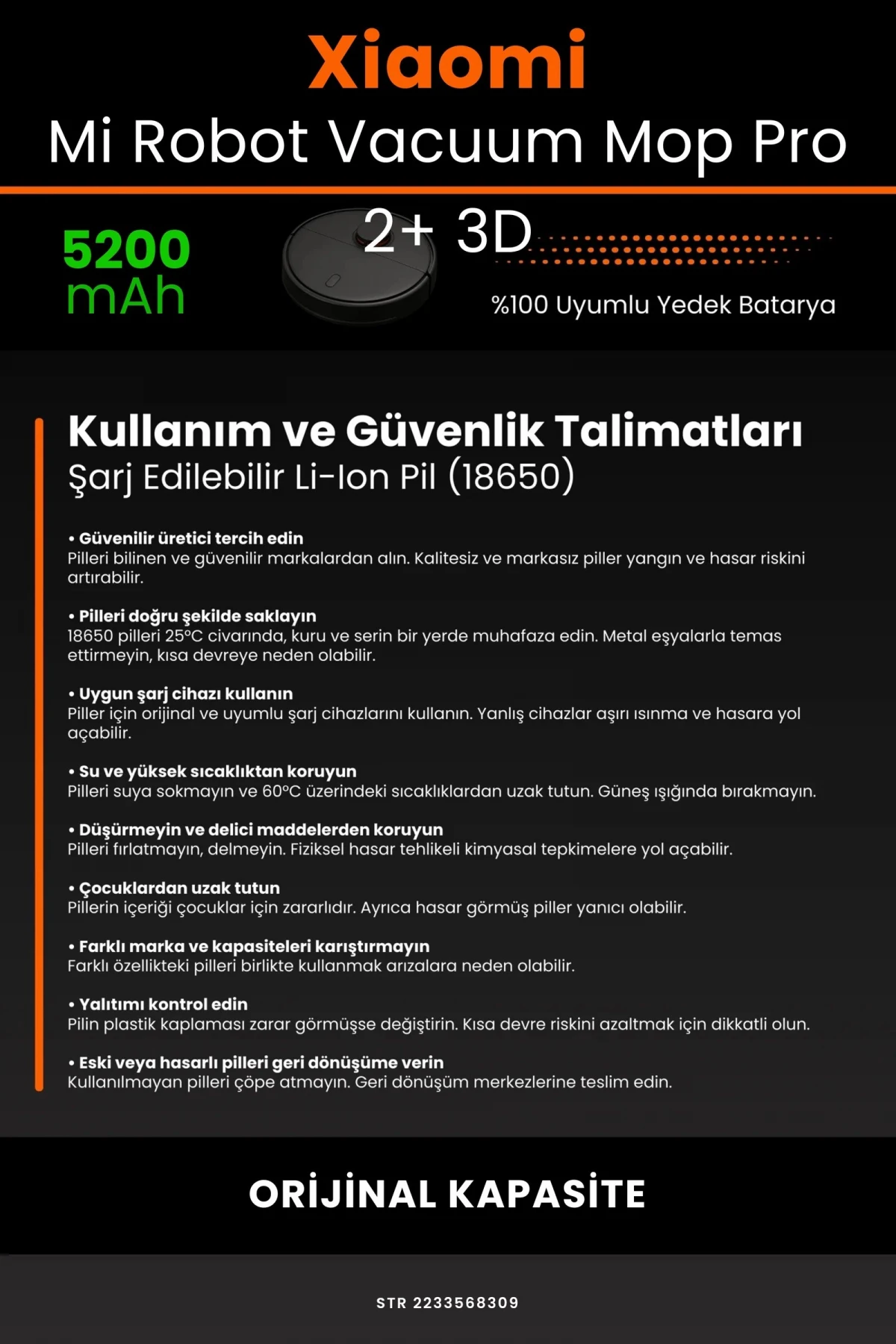 Xiaomi Mi Robot Vacuum Mop Pro 2+ 3D 5200mAh Robot Süpürge Bataryası - Gerçek Kapasite