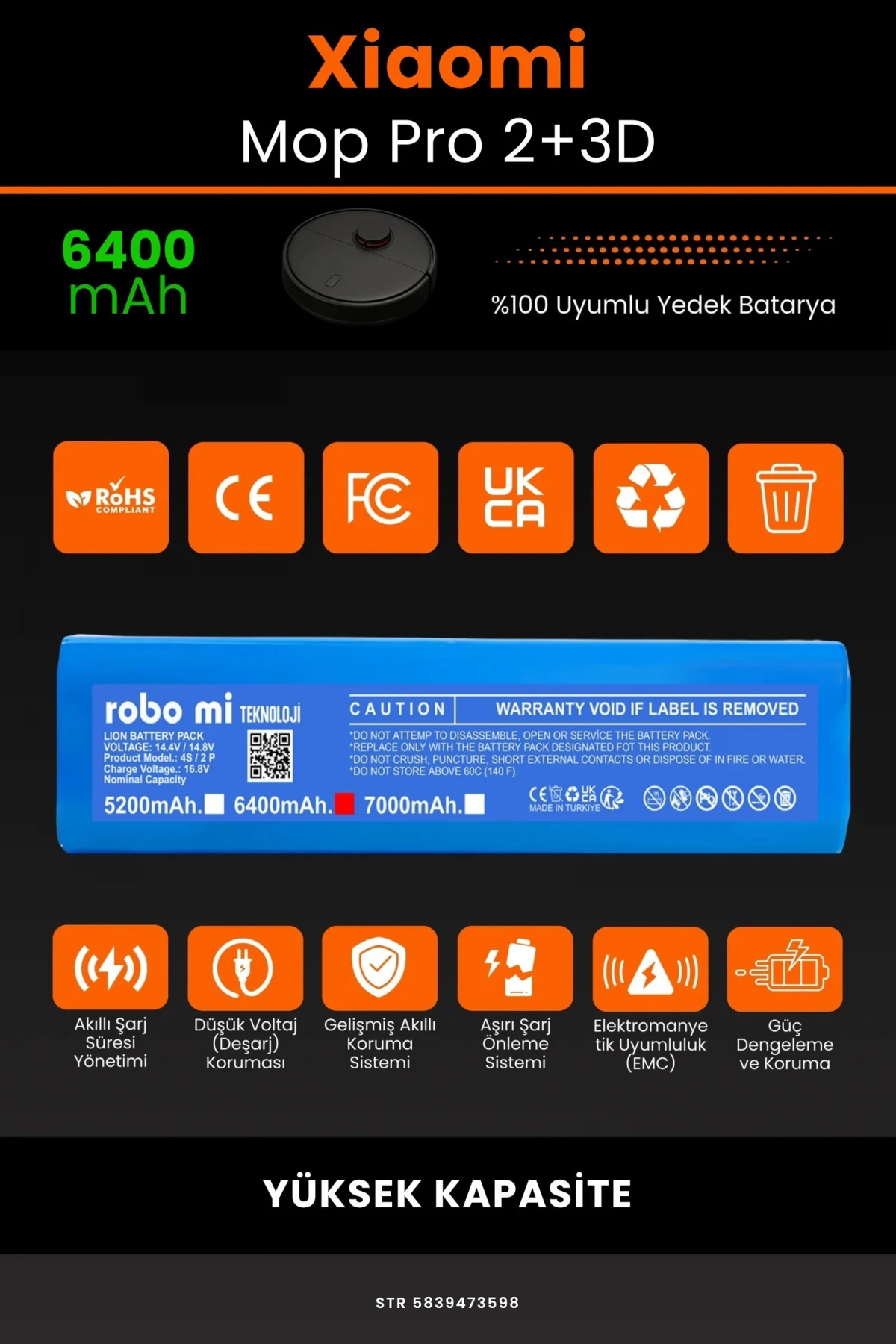 Xiaomi Mi Robot Vacuum Mop Pro 2+ 3D 6400mAh Robot Süpürge Bataryası - Gerçek Kapasite