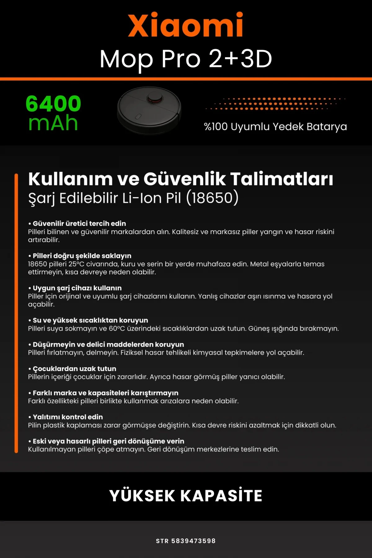 Xiaomi Mi Robot Vacuum Mop Pro 2+ 3D 6400mAh Robot Süpürge Bataryası - Gerçek Kapasite