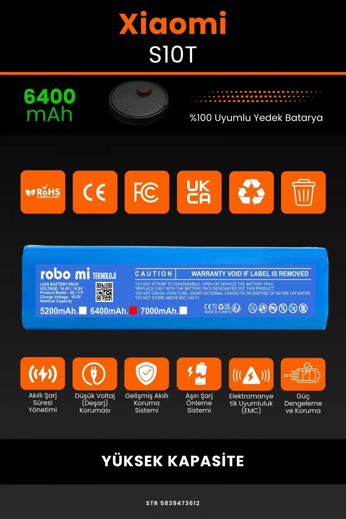 Xiaomi Mi Robot Vacuum S10T 6400mAh Robot Süpürge Bataryası - Gerçek Kapasite, Maksimum Güvenlik