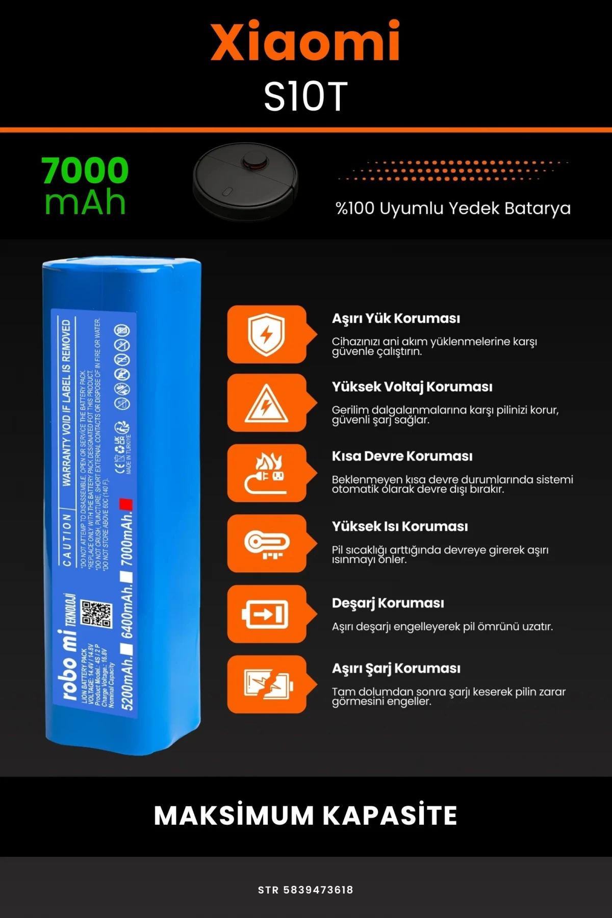 Xiaomi Mi Robot Vacuum S10T 7000mAh Robot Süpürge Bataryası - Gerçek Kapasite, Maksimum Güvenlik
