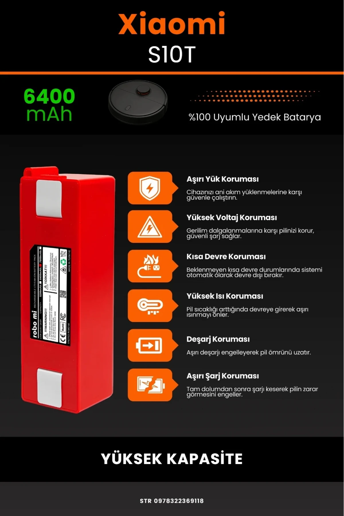 Xiaomi Mi Robot Vacuum S10T Uyumlu 6400mAh Robot Süpürge Bataryası - Box - Yüksek Kapasite