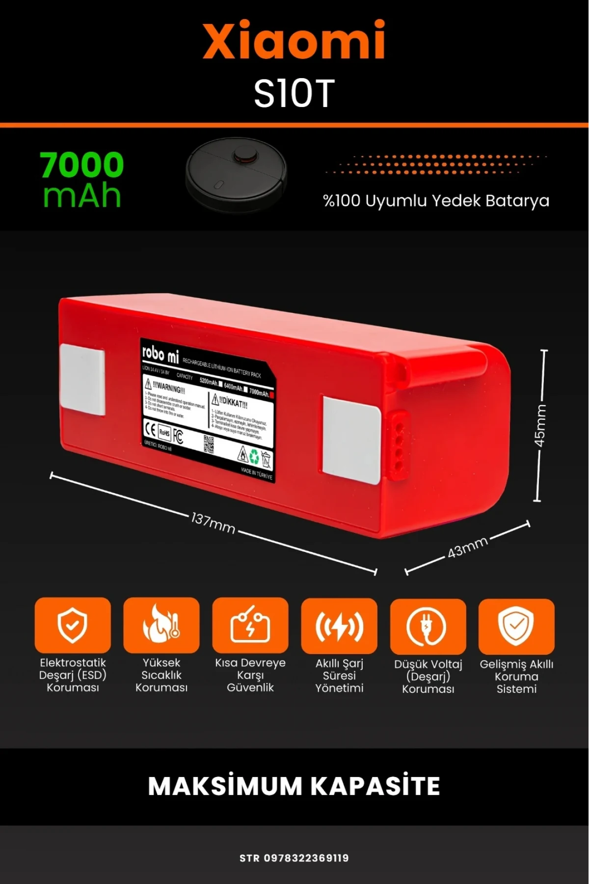 Xiaomi Mi Robot Vacuum S10T Uyumlu 7000mAh Robot Süpürge Bataryası - Box- Maksimum Kapasite