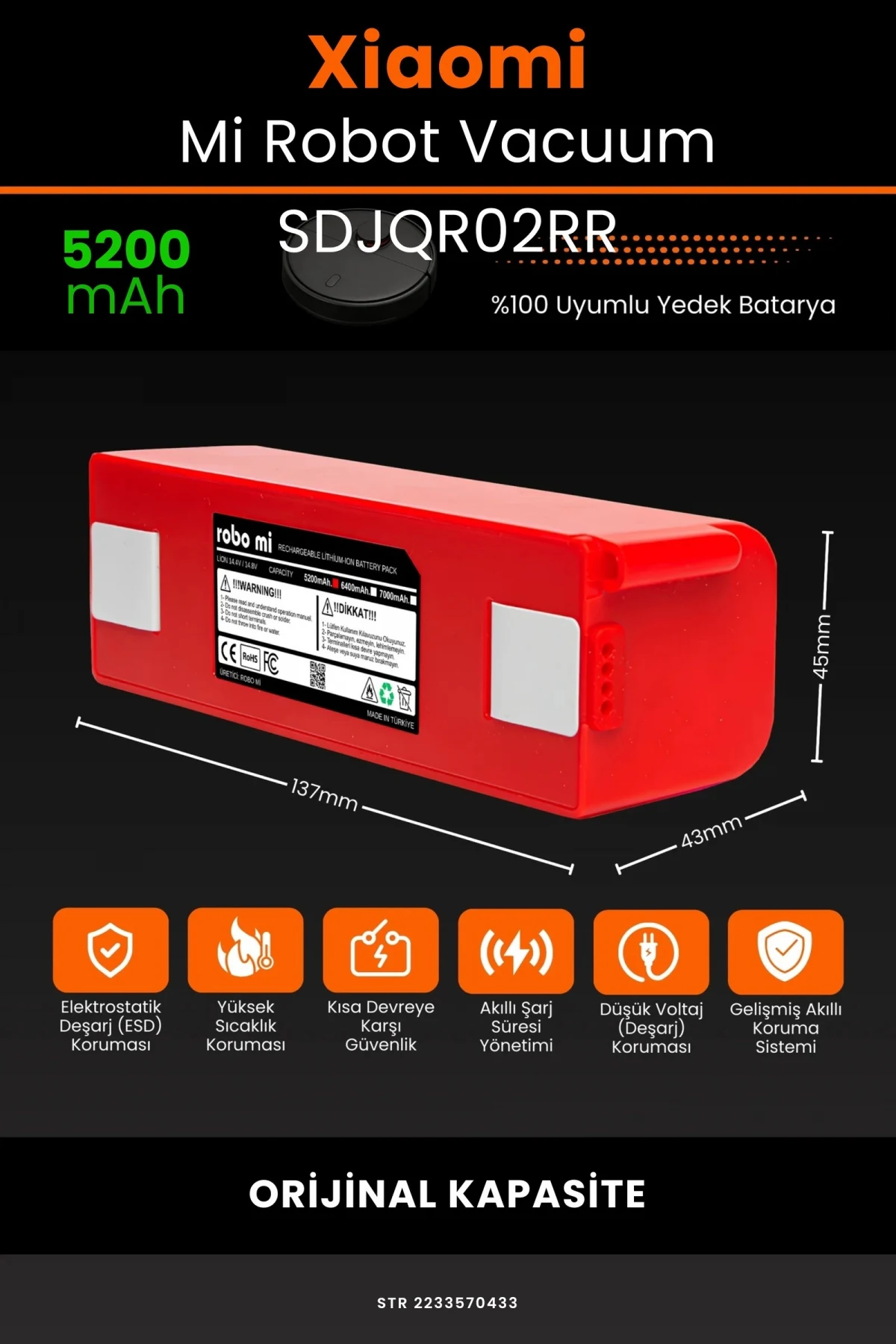 Xiaomi Mi Robot Vacuum SDJQR02RR 5200mAh Robot Süpürge Bataryası - Gerçek Kapasite