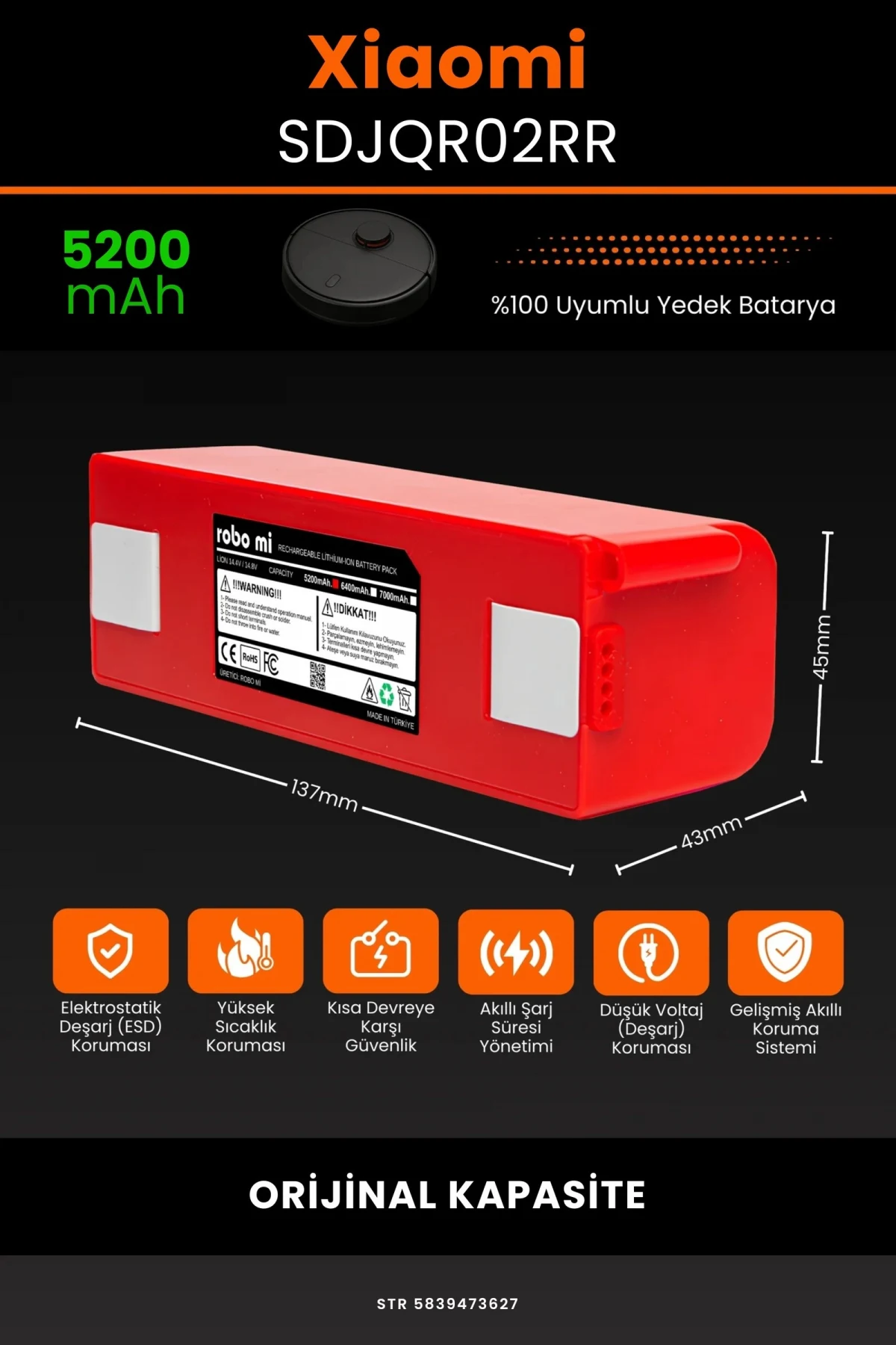 Xiaomi Mi Robot Vacuum SDJQR02RR 5200mAh Robot Süpürge Bataryası - Gerçek Kapasite