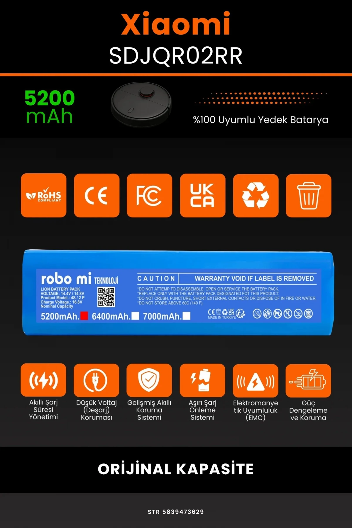 Xiaomi Mi Robot Vacuum SDJQR02RR 5200mAh Robot Süpürge Bataryası - Gerçek Kapasite