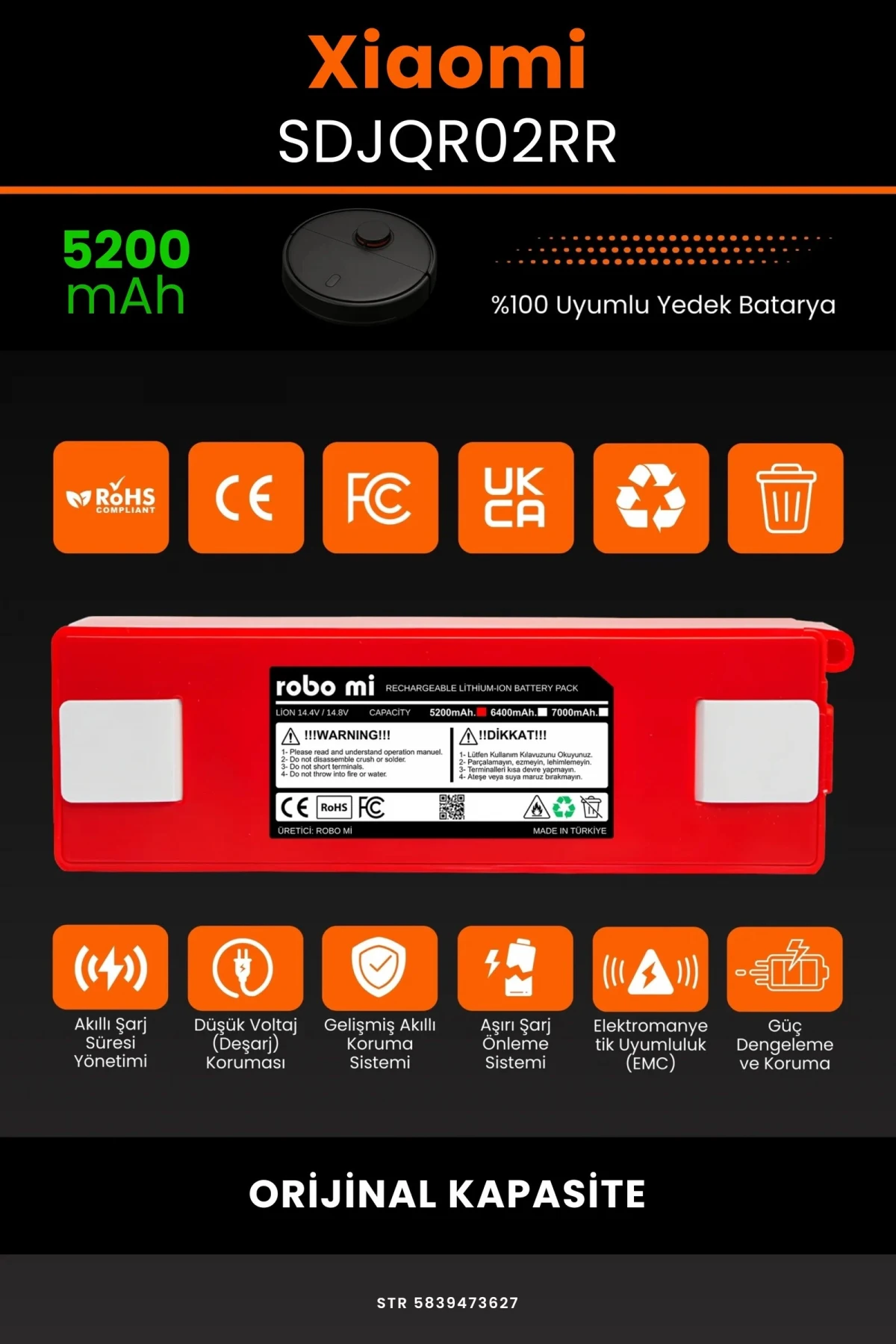 Xiaomi Mi Robot Vacuum SDJQR02RR 5200mAh Robot Süpürge Bataryası - Gerçek Kapasite