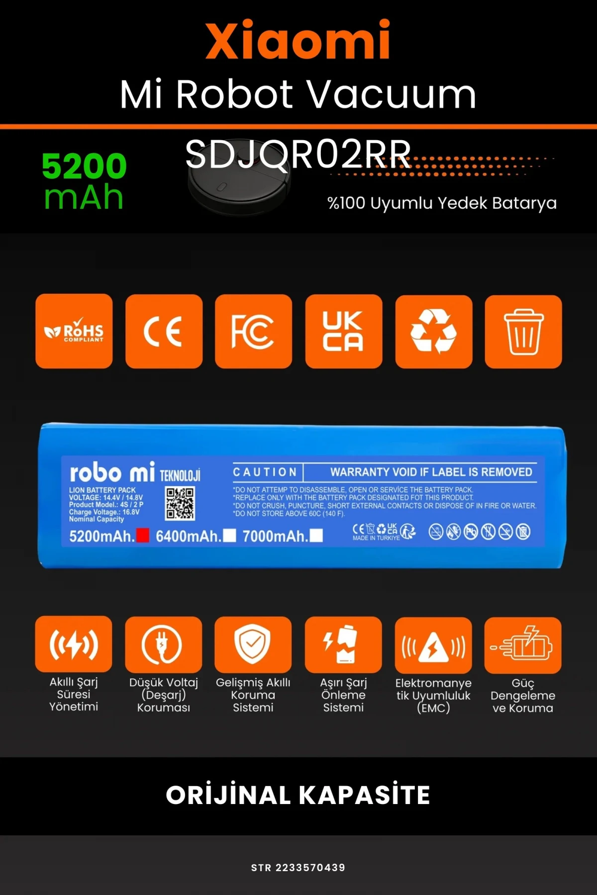 Xiaomi Mi Robot Vacuum SDJQR02RR 5200mAh Robot Süpürge Bataryası - Gerçek Kapasite
