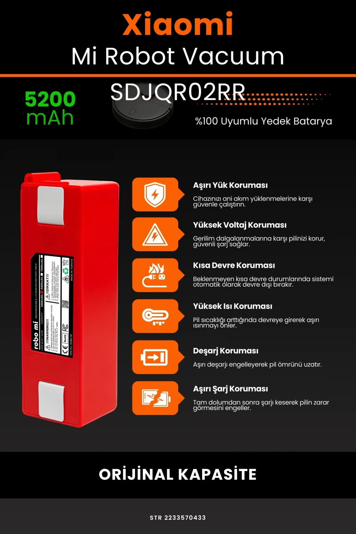 Xiaomi Mi Robot Vacuum SDJQR02RR 5200mAh Robot Süpürge Bataryası - Gerçek Kapasite