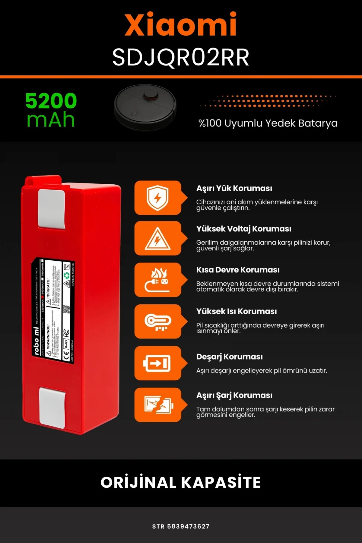 Xiaomi Mi Robot Vacuum SDJQR02RR 5200mAh Robot Süpürge Bataryası - Gerçek Kapasite