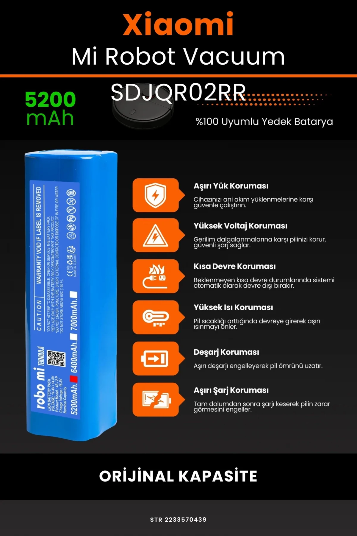 Xiaomi Mi Robot Vacuum SDJQR02RR 5200mAh Robot Süpürge Bataryası - Gerçek Kapasite