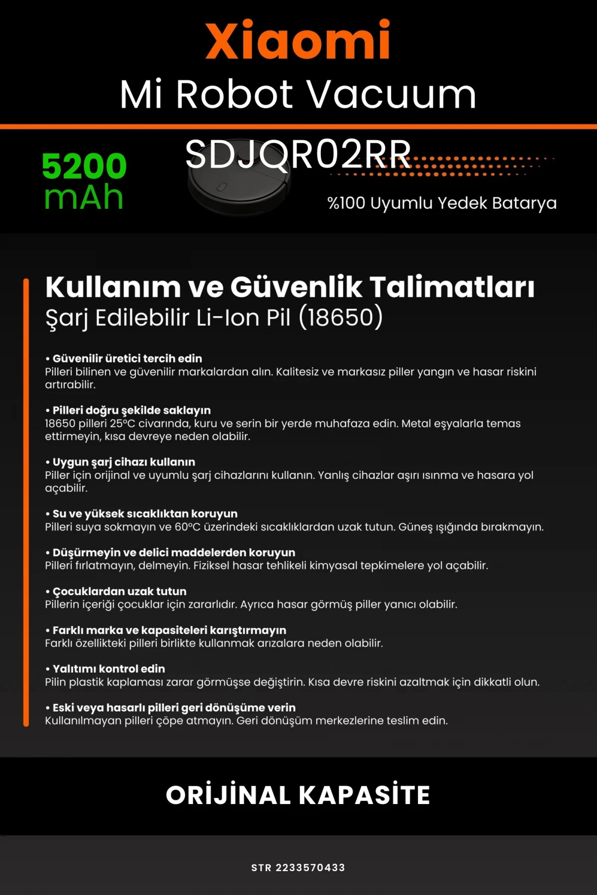 Xiaomi Mi Robot Vacuum SDJQR02RR 5200mAh Robot Süpürge Bataryası - Gerçek Kapasite