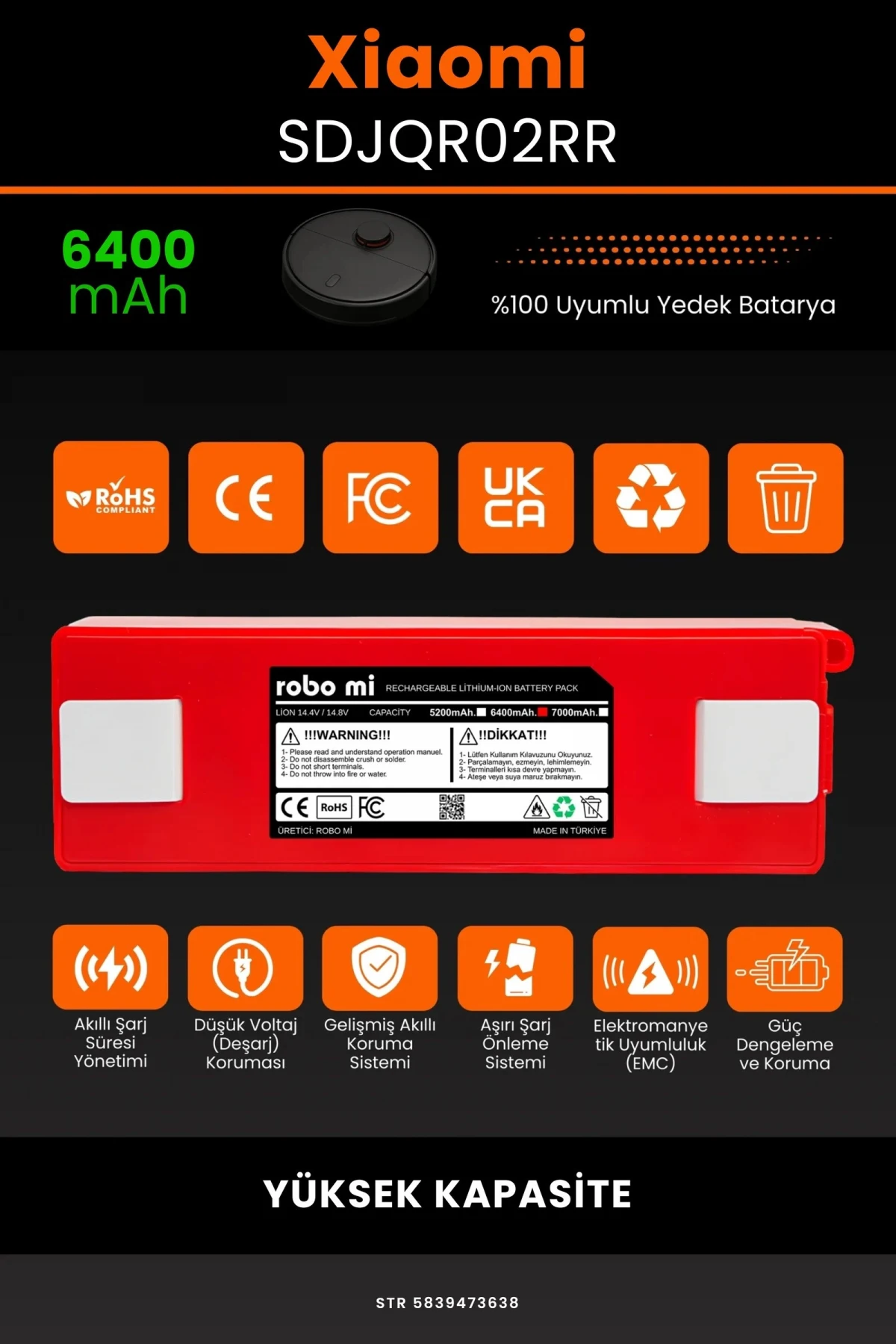 Xiaomi Mi Robot Vacuum SDJQR02RR 6400mAh Robot Süpürge Bataryası - Gerçek Kapasite