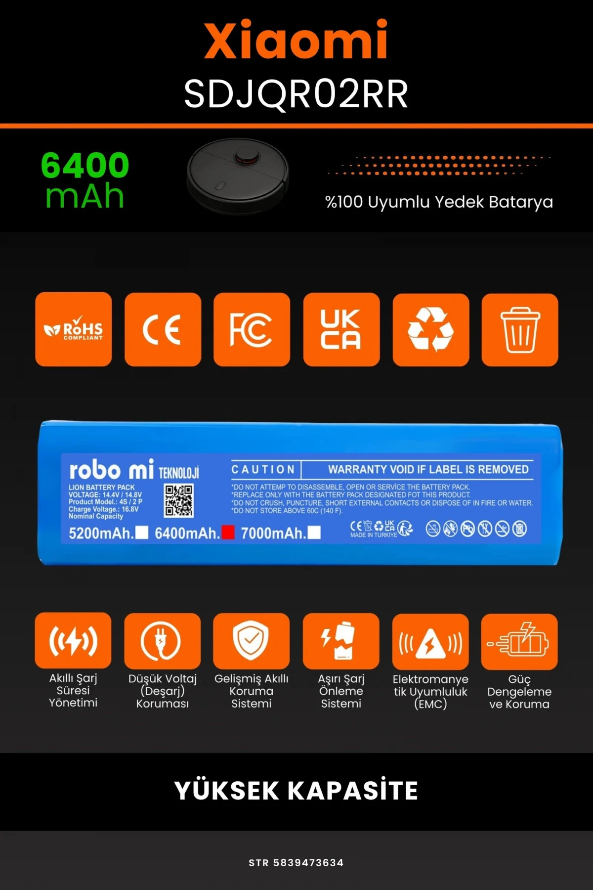 Xiaomi Mi Robot Vacuum SDJQR02RR 6400mAh Robot Süpürge Bataryası - Gerçek Kapasite