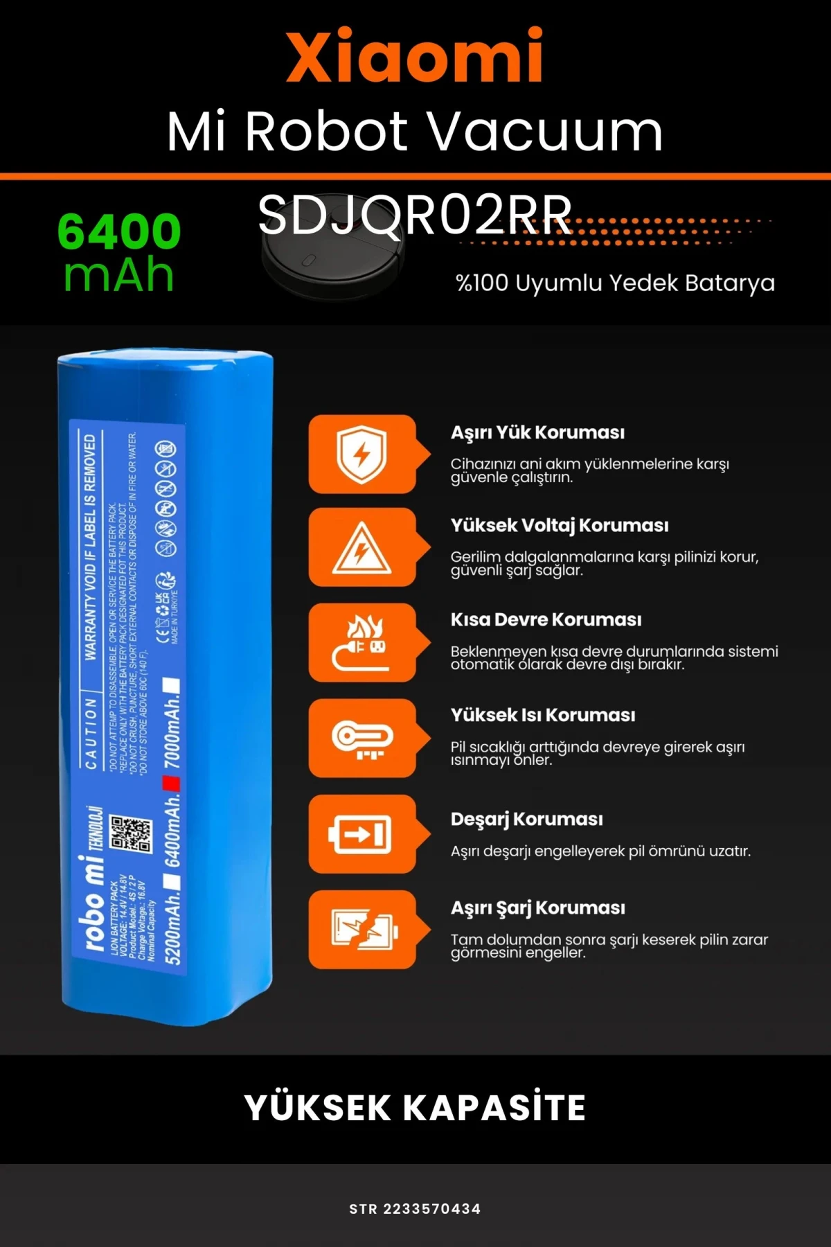 Xiaomi Mi Robot Vacuum SDJQR02RR 6400mAh Robot Süpürge Bataryası - Gerçek Kapasite