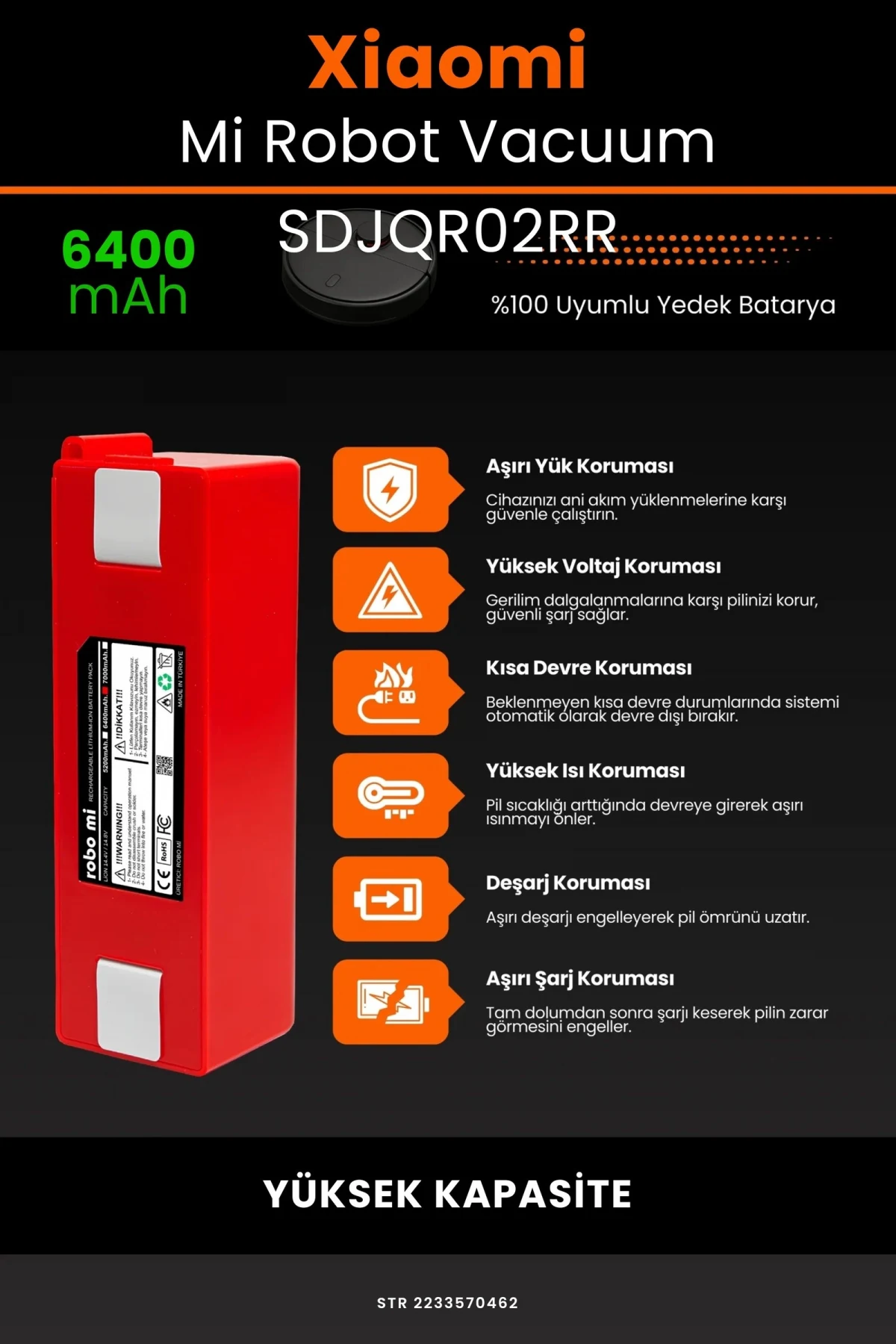Xiaomi Mi Robot Vacuum SDJQR02RR 6400mAh Robot Süpürge Bataryası - Gerçek Kapasite
