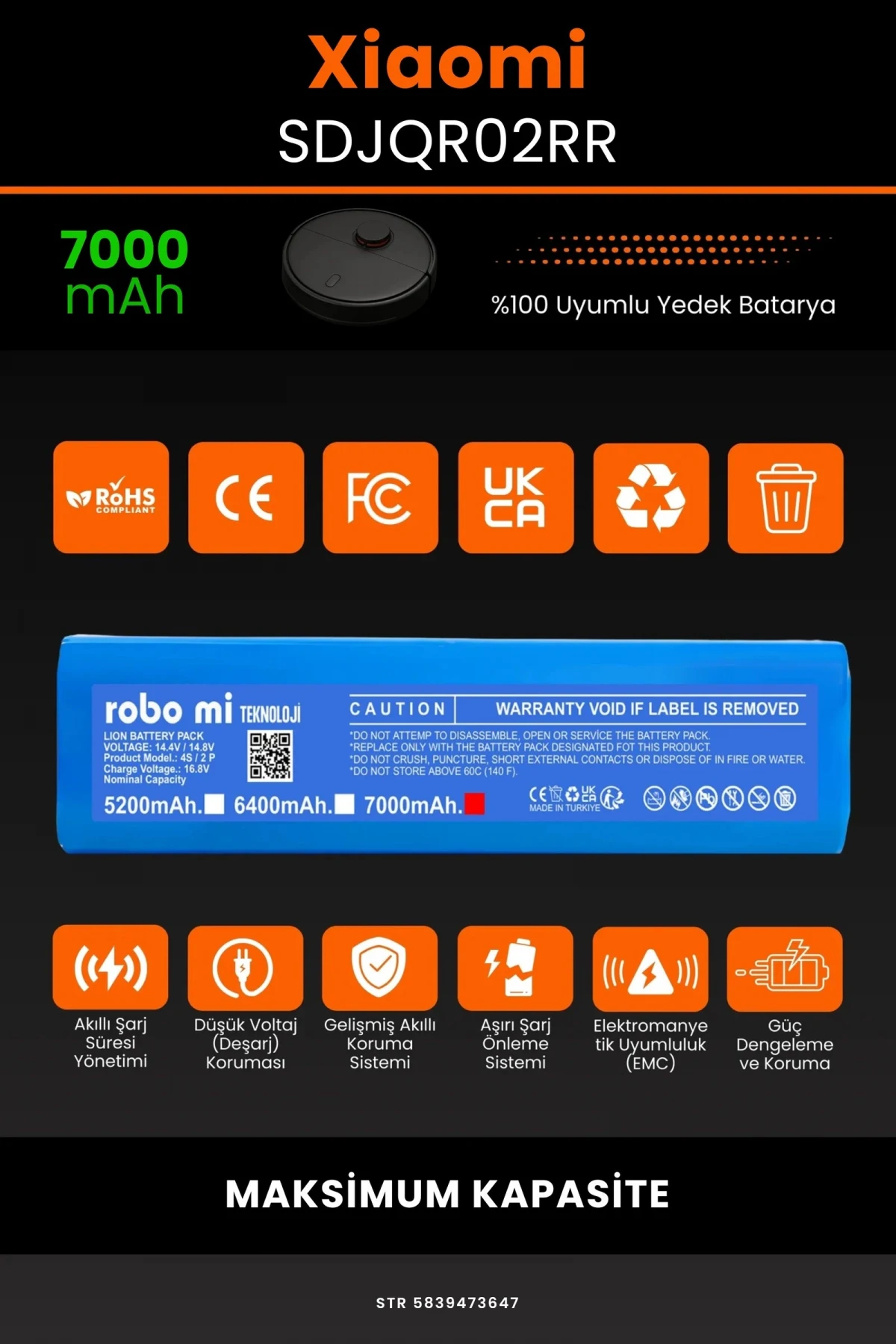Xiaomi Mi Robot Vacuum SDJQR02RR 7000mAh Robot Süpürge Bataryası - Gerçek Kapasite