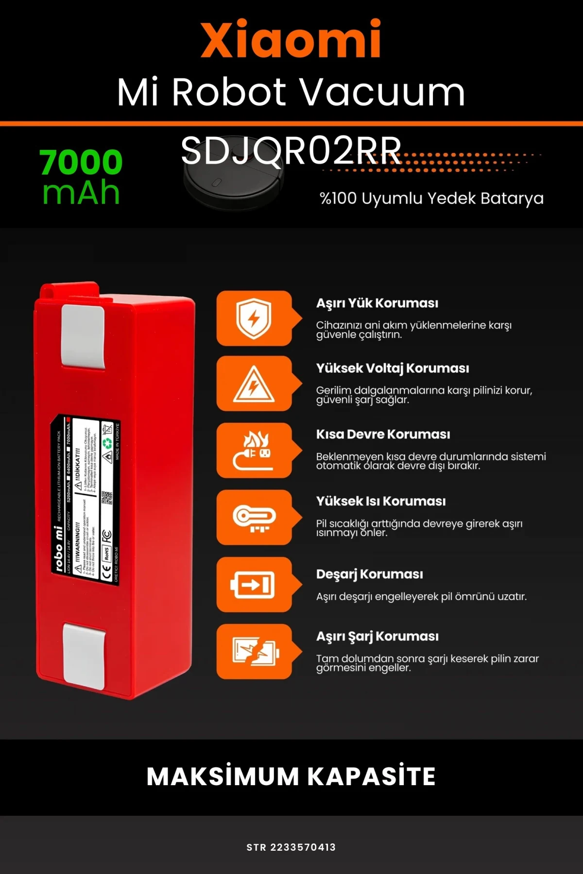 Xiaomi Mi Robot Vacuum SDJQR02RR 7000mAh Robot Süpürge Bataryası - Gerçek Kapasite